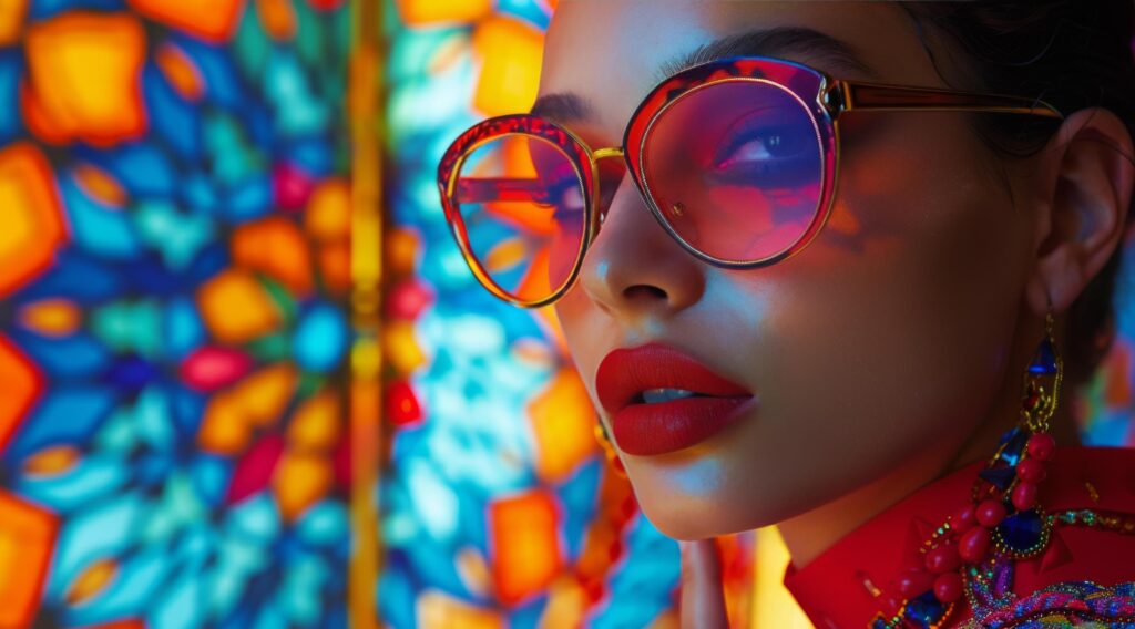 Woman in Sunglasses Posing on Colorful Background Stock Free