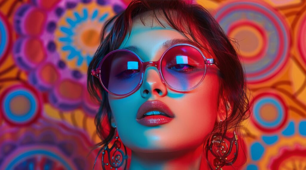 Woman Wearing Colorful Sunglasses Against Colorful Background Stock Free