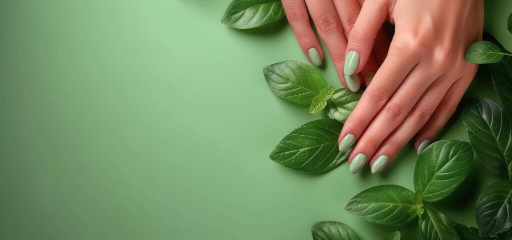 Womans Hands With Green Nails on Green Background Stock Free