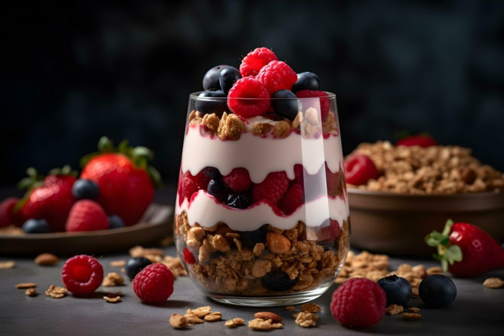 Yogurt granola parfait with sliced nuts, fresh strawberry, raspberry and blueberry in a glass jar on dark background. Generative AI. Stock Free