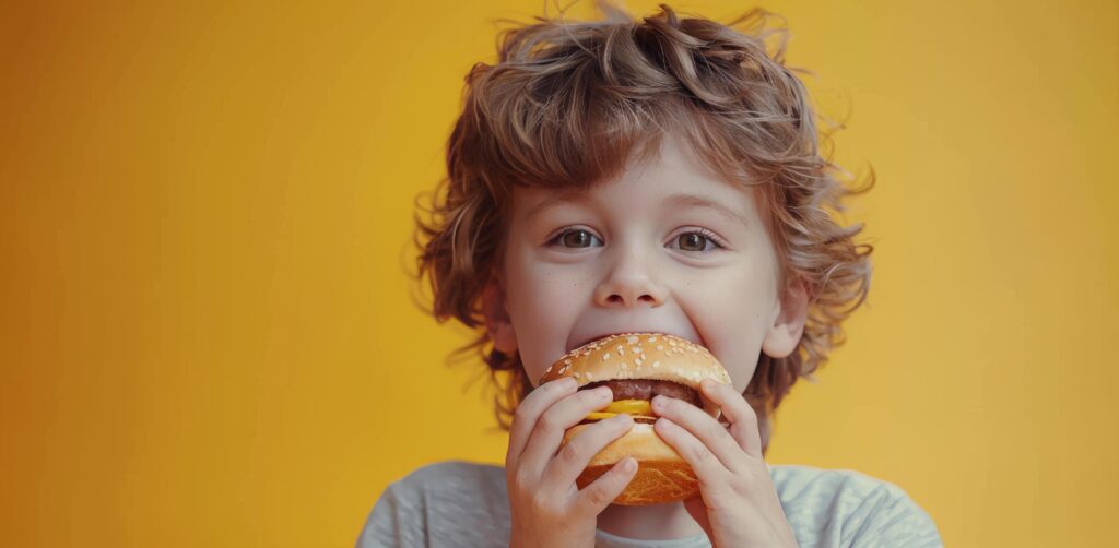 Young Boy Eating Hamburger on Yellow Background Stock Free