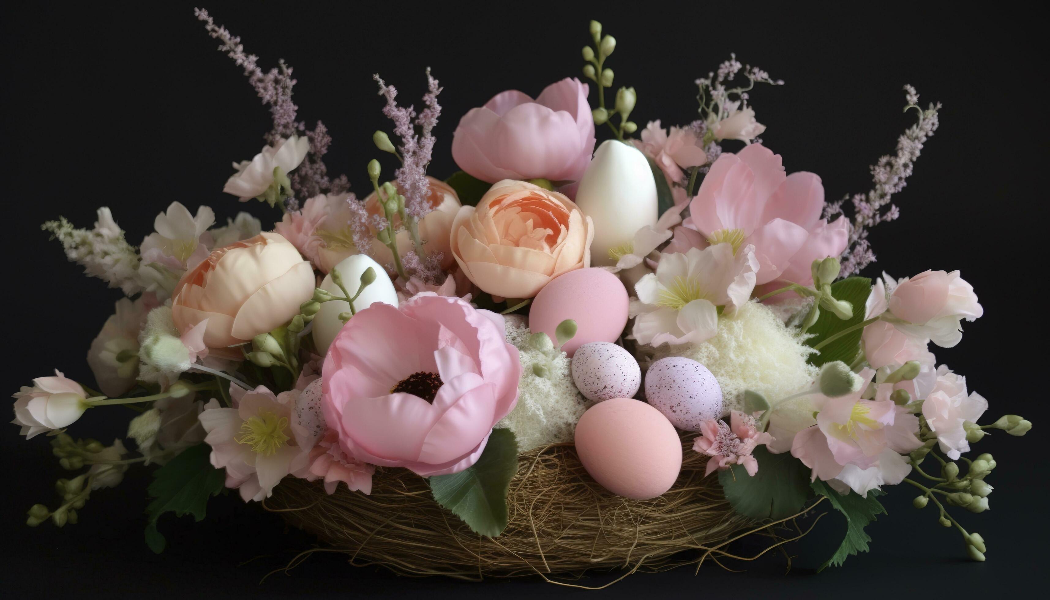 Pink Spring Flower Arrangement, Easter Decoration, generate ai Stock Free