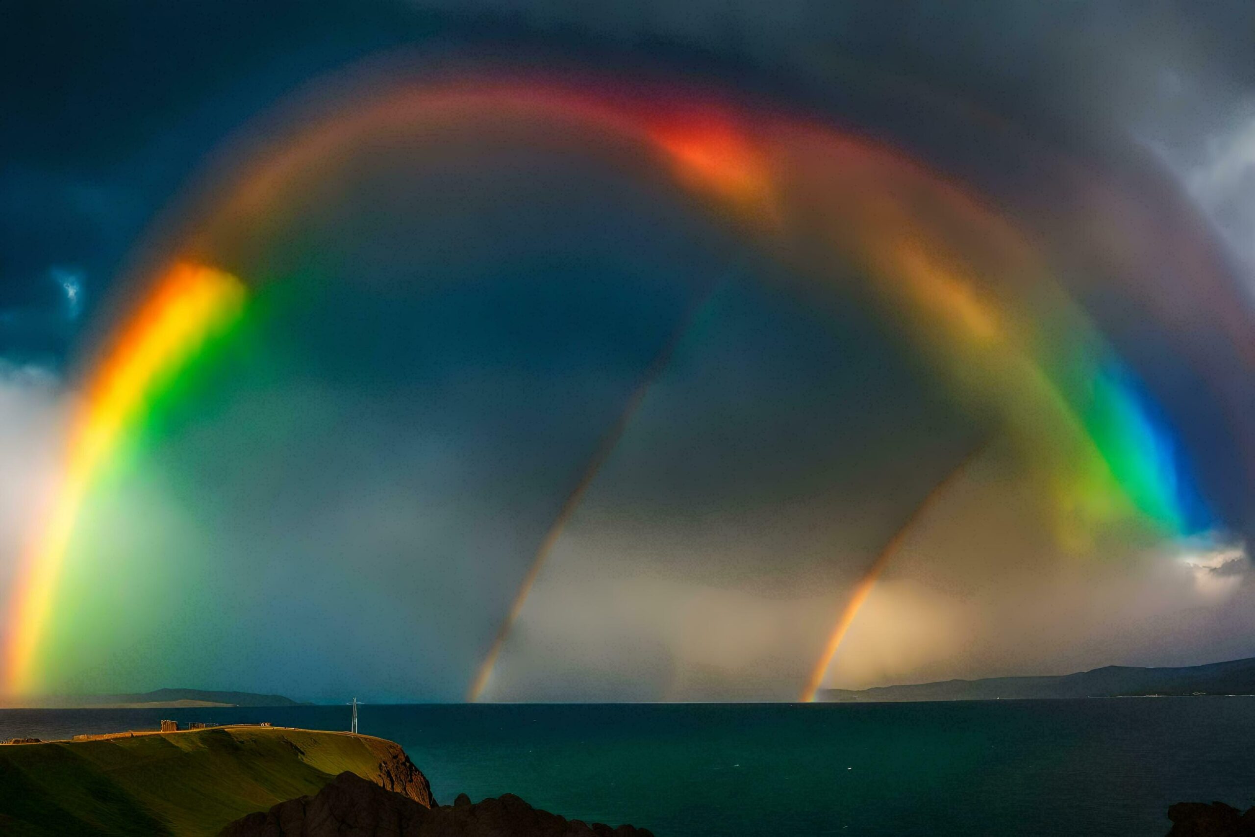 a rainbow over the ocean and a cliff Free Photo