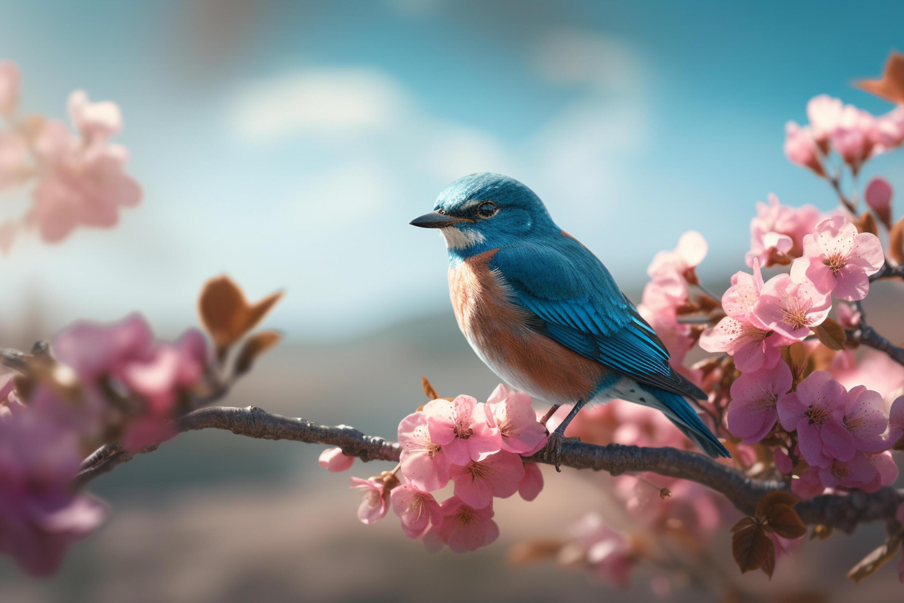 Blue bird on sakura branch with pink flowers in spring time. Stock Free