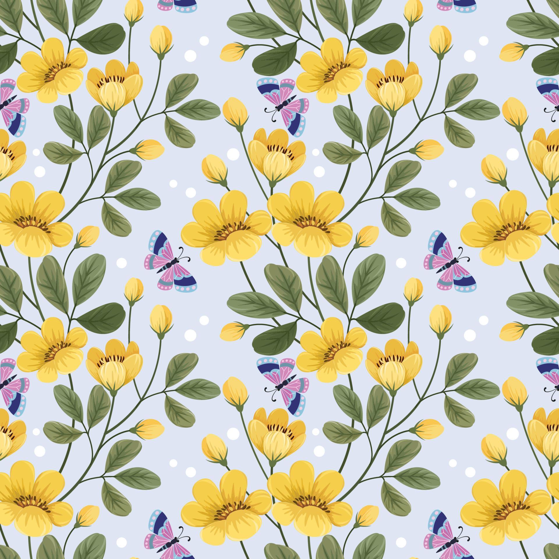 Yellow flowers and butterfly seamless pattern. Stock Free