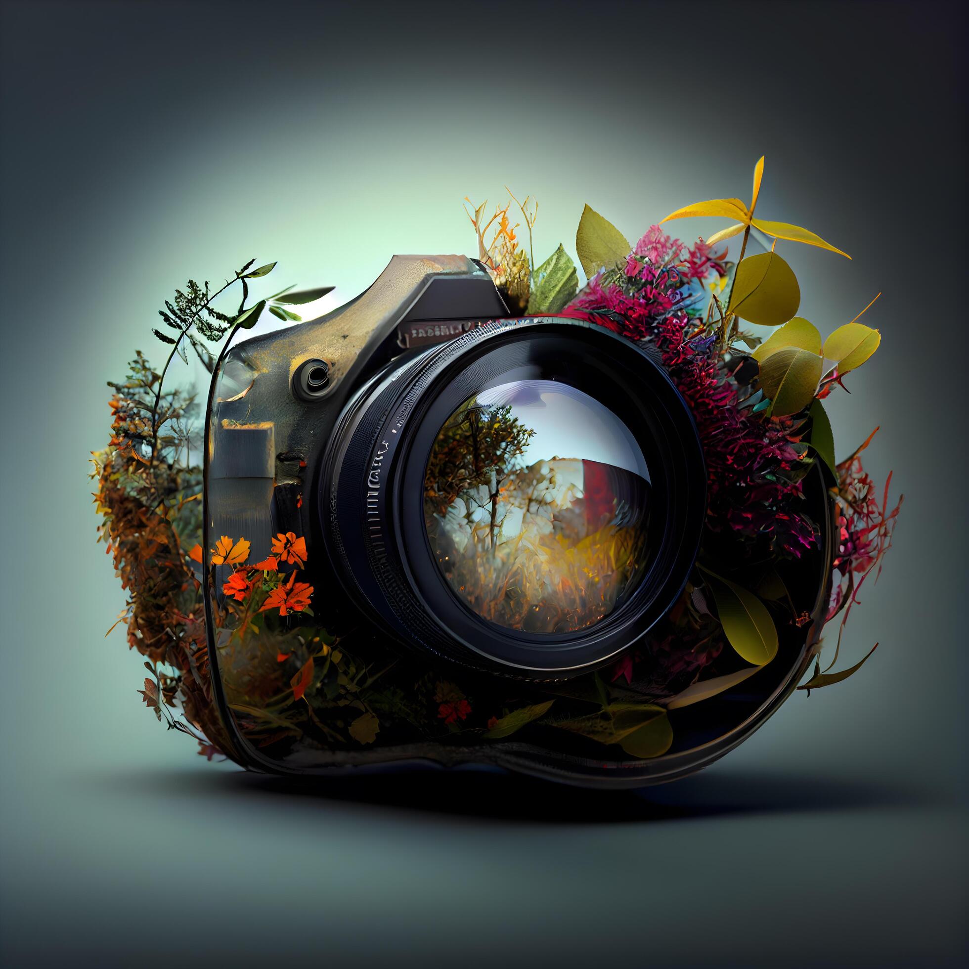 Retro camera with flowers and plants on dark background, 3d illustration, Image Stock Free