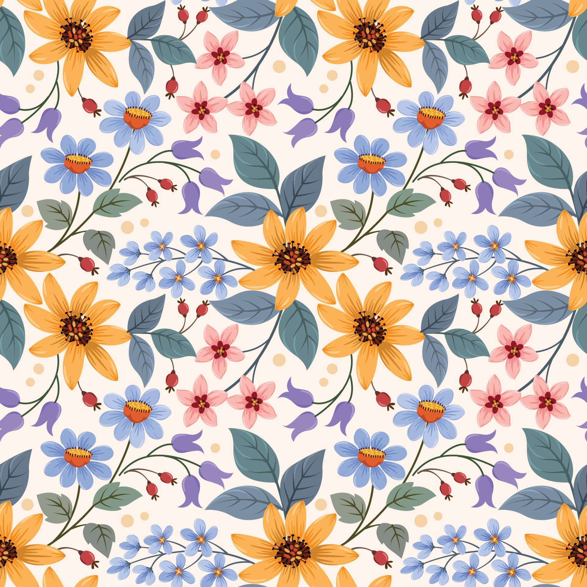 Colorful hand draw flowers seamless pattern. Stock Free