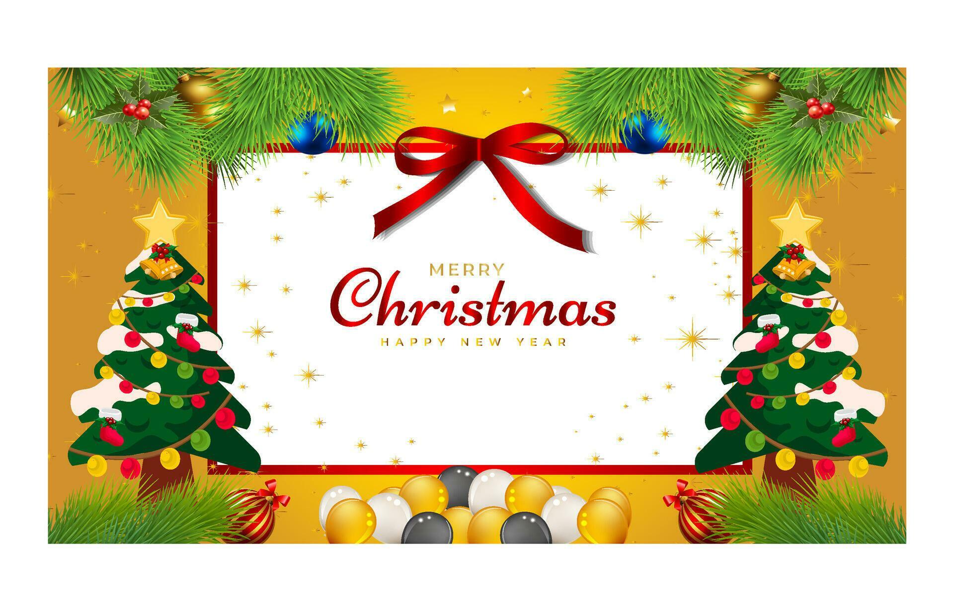 Merry Christmas and Happy New Year. Xmas background banner with Christmas flower, tree, star, balls and golden decoration design. Stock Free