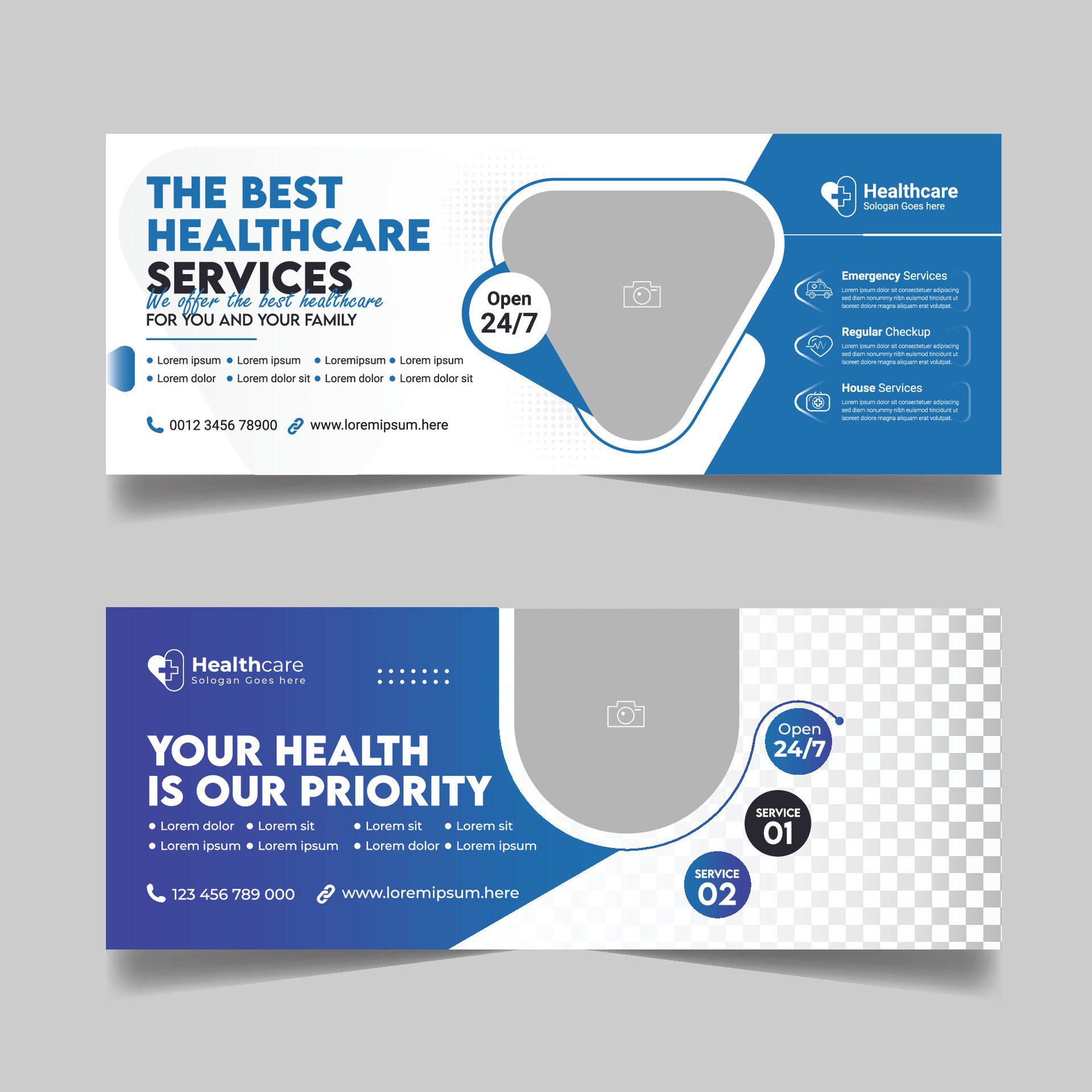 Medical healthcare horizontal cover design, Hospital business promotional social media marketing template, Multipurpose web banner set Free Vector