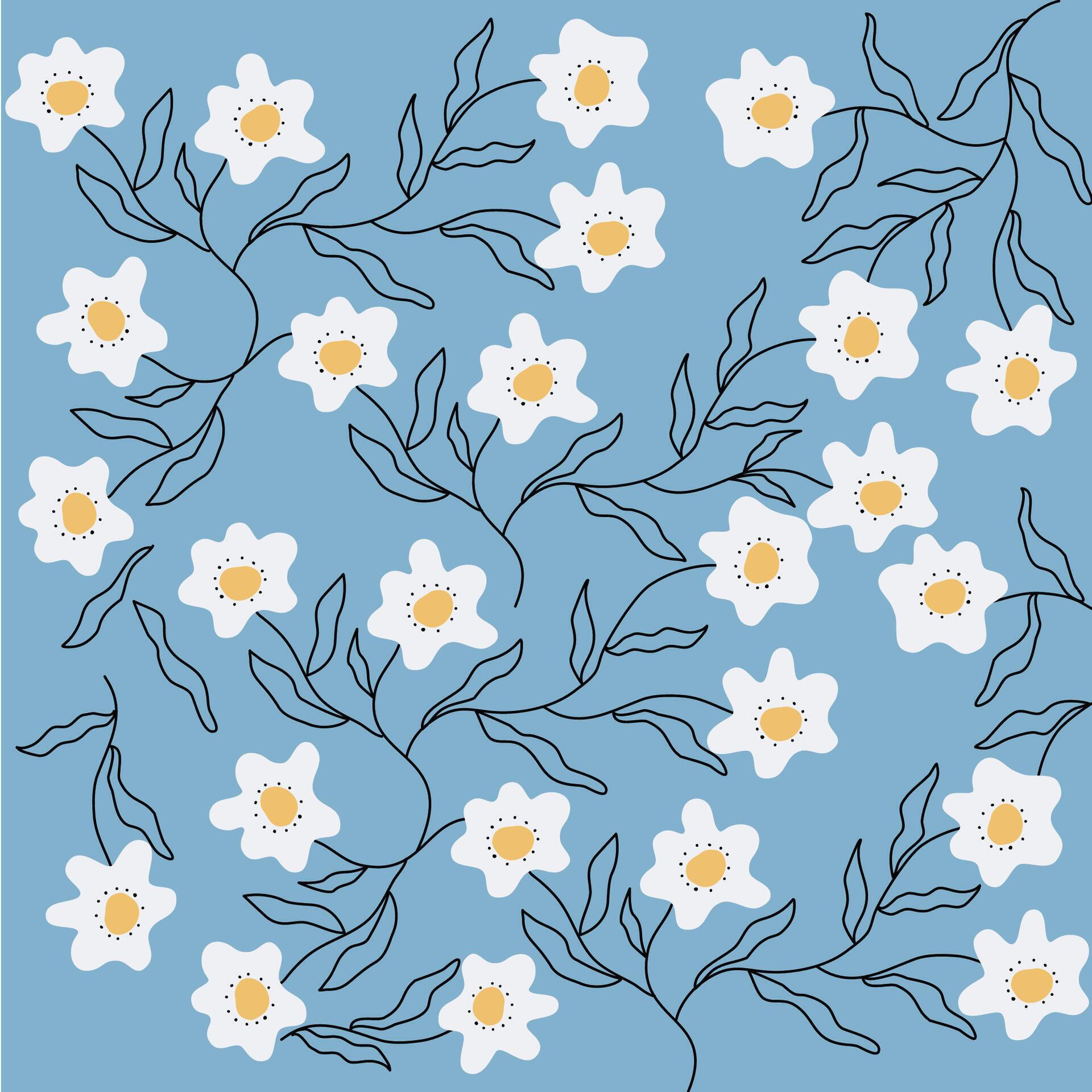 Hand drawn white abstract flowers pattern on blue background for fabric, textile, wallpaper Stock Free