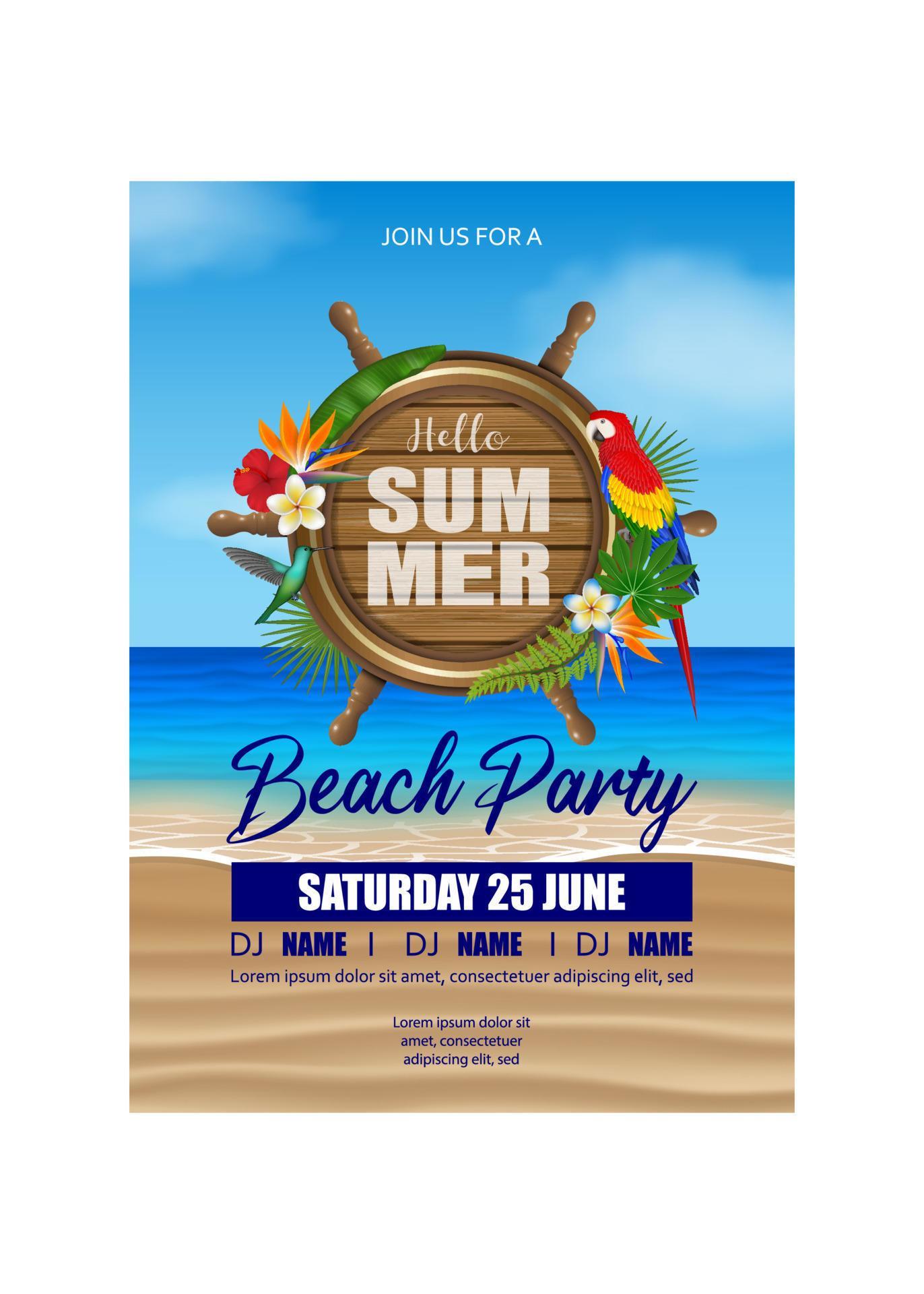 hello summer beach party poster with tropical flowers and birds on beach background Stock Free