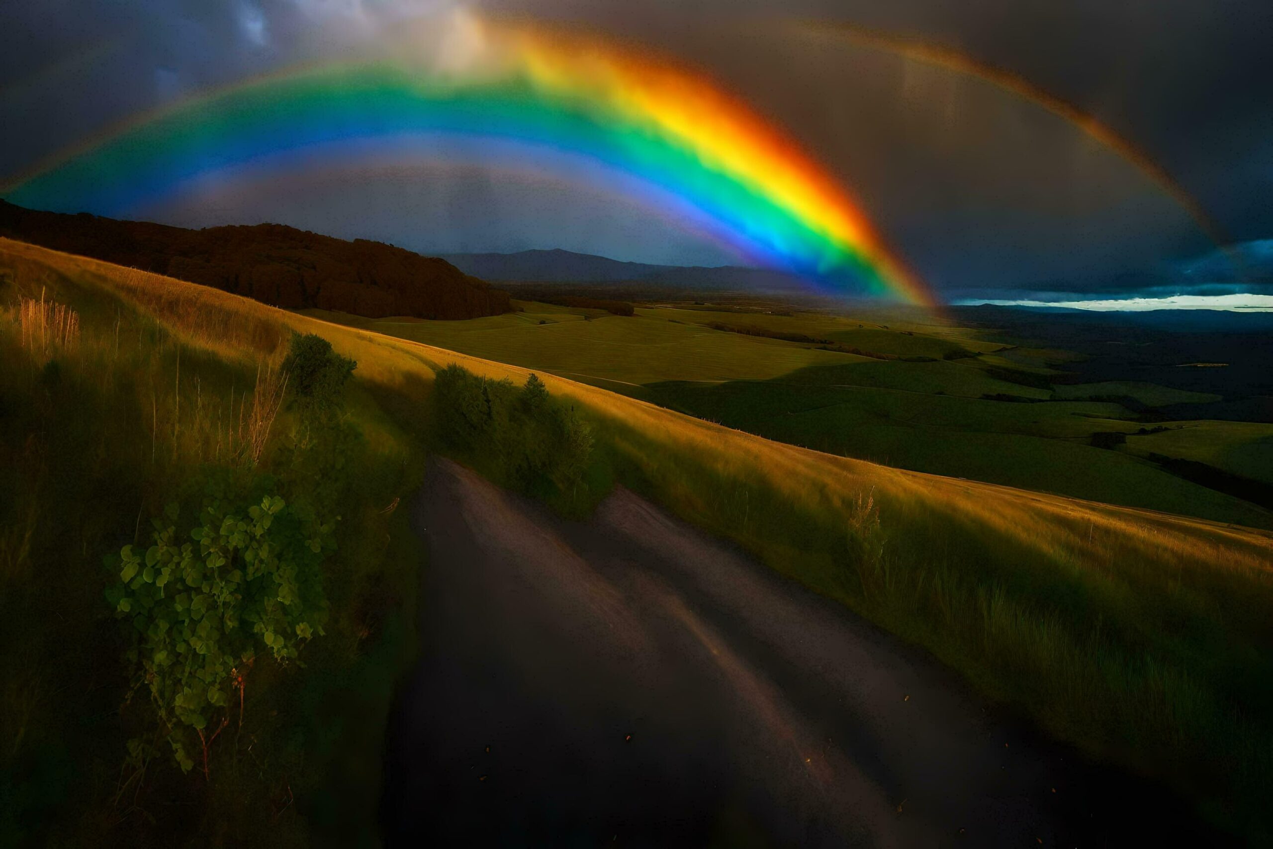 a rainbow is seen over a field with grass and hills Free Photo