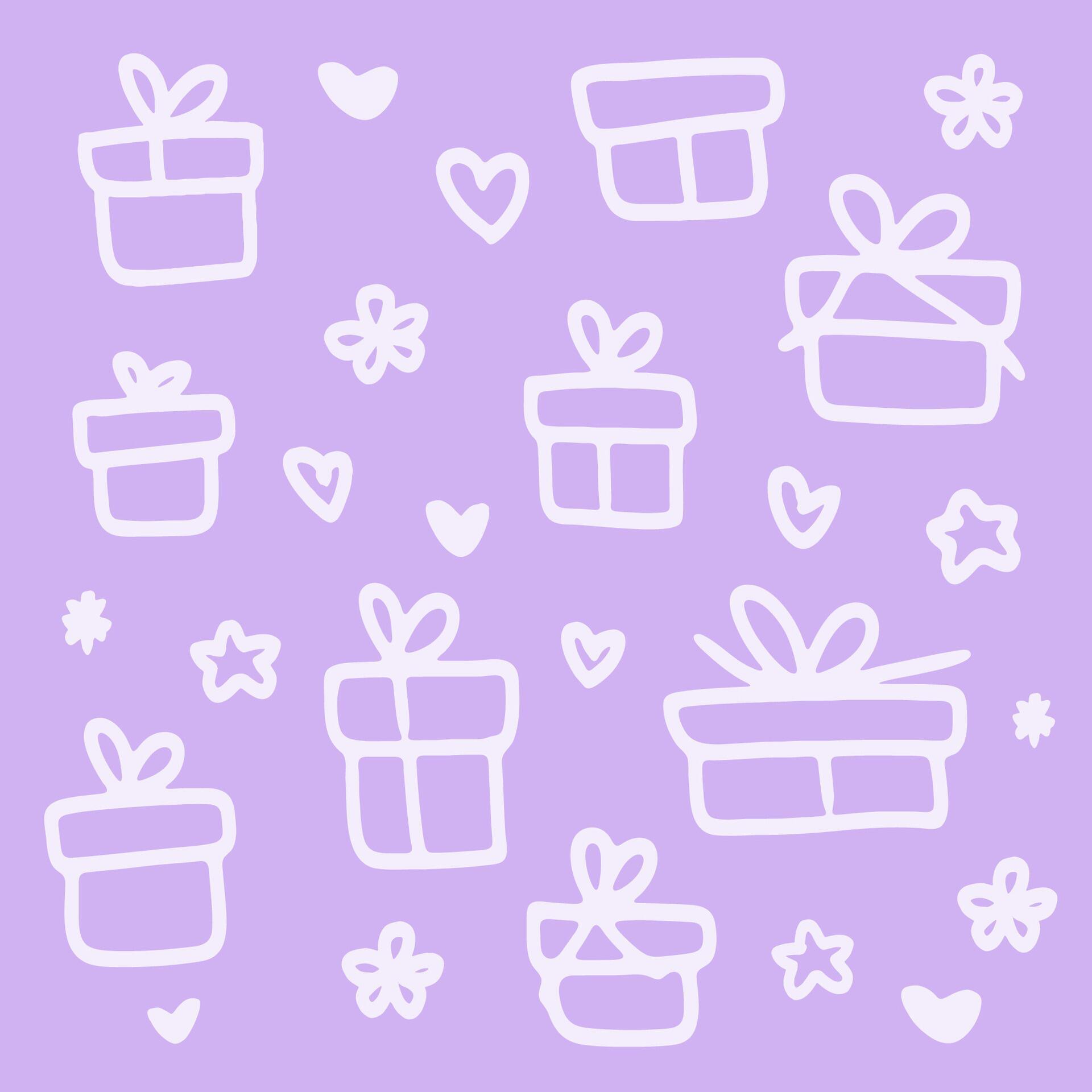 Hand draw pattern of gift boxes flowers and hearts on purple background Stock Free