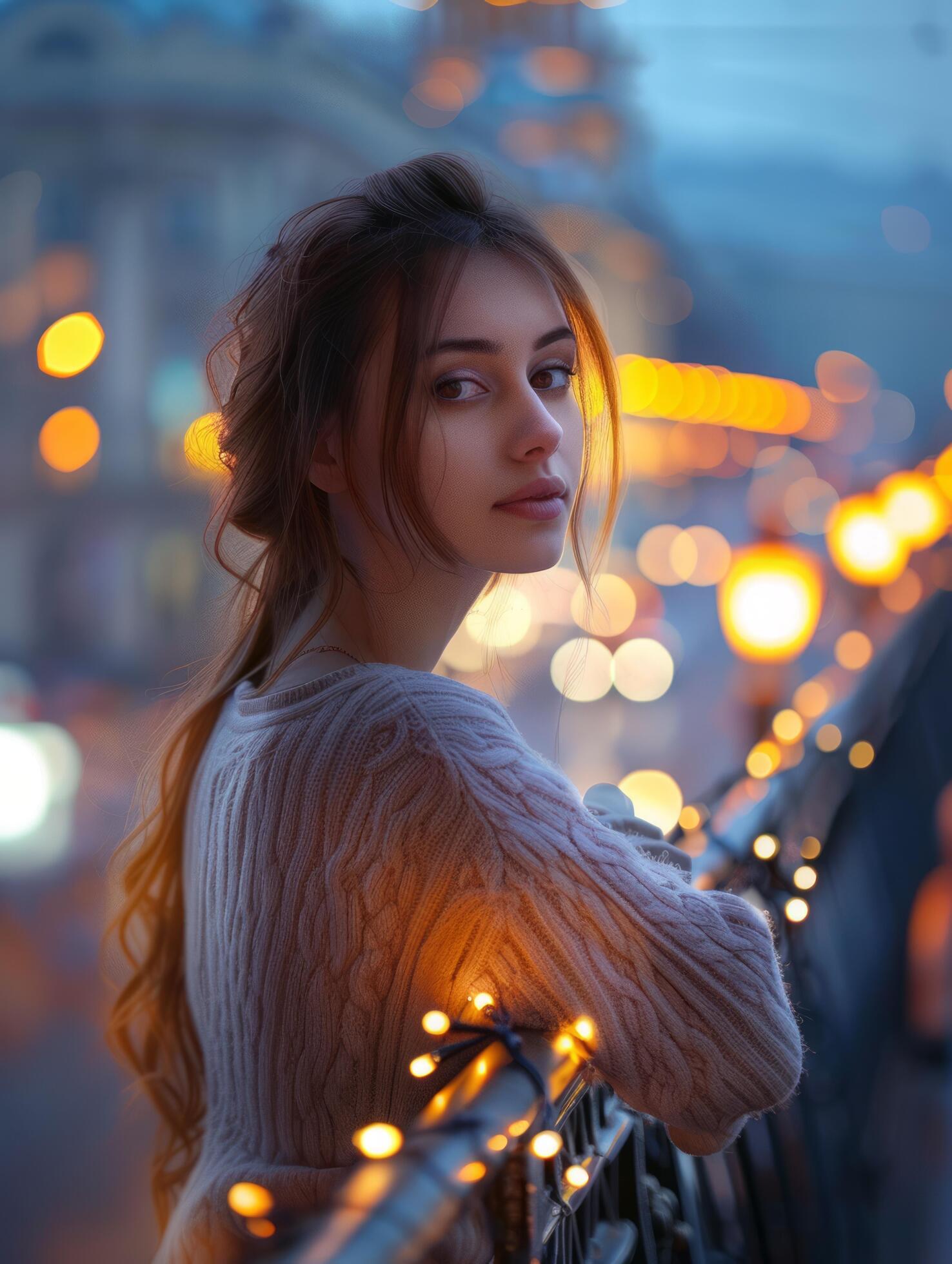 Young woman in cozy sweater on city street illuminated by evening lights Stock Free