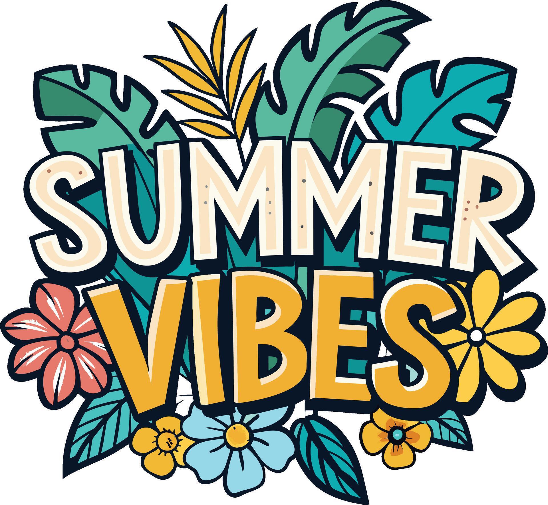 Summer vibes. Hand drawn lettering with spring flowers. vector Stock Free