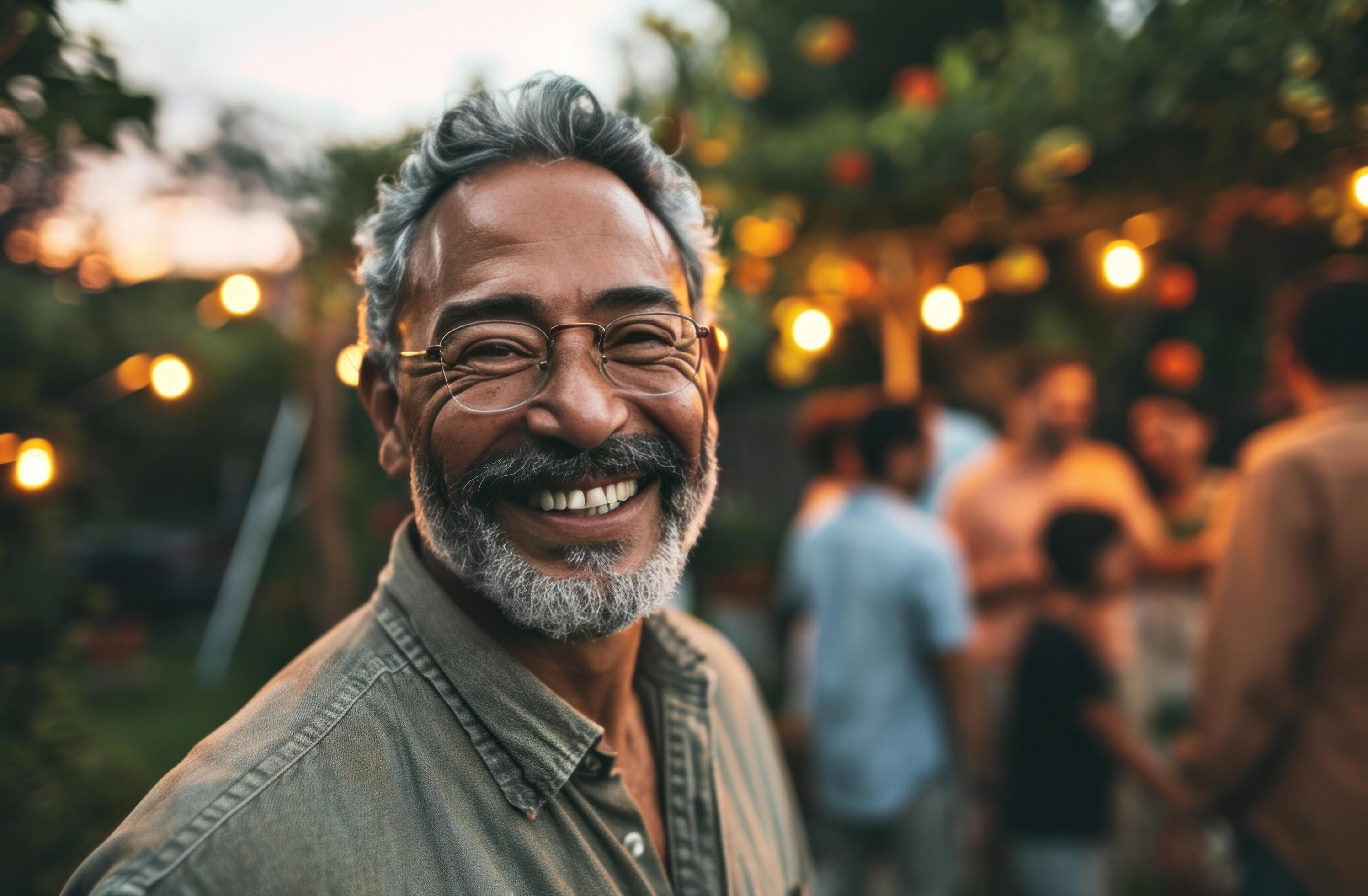 AI generated a happy man standing in front of a family at an outdoor event Stock Free