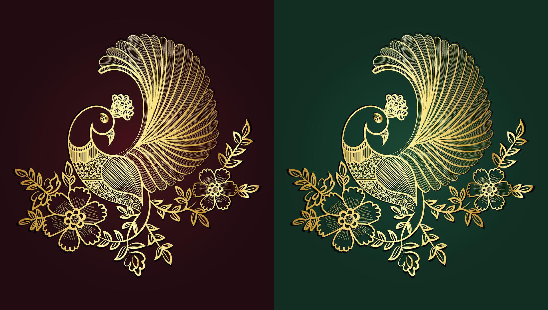 Golden Peacock and flower hand drawn Stock Free Stock Free