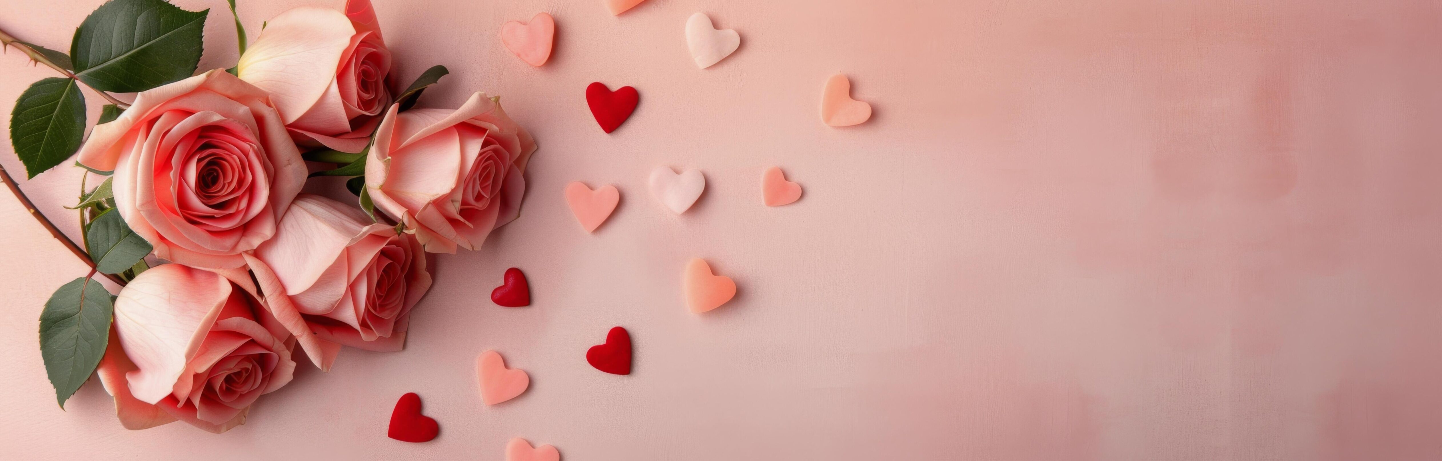 Romantic Bouquet of Pink Roses Surrounded by Heart-Shaped Decorations on Soft Background Stock Free