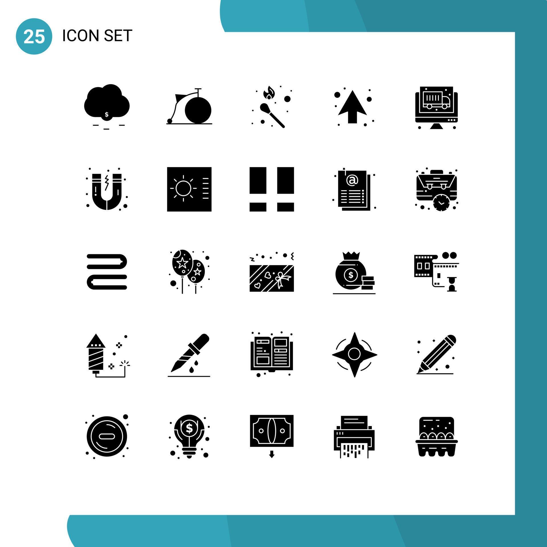 Group of 25 Modern Solid Glyphs Set for economy computer flame direction arrows Editable Vector Design Elements Stock Free