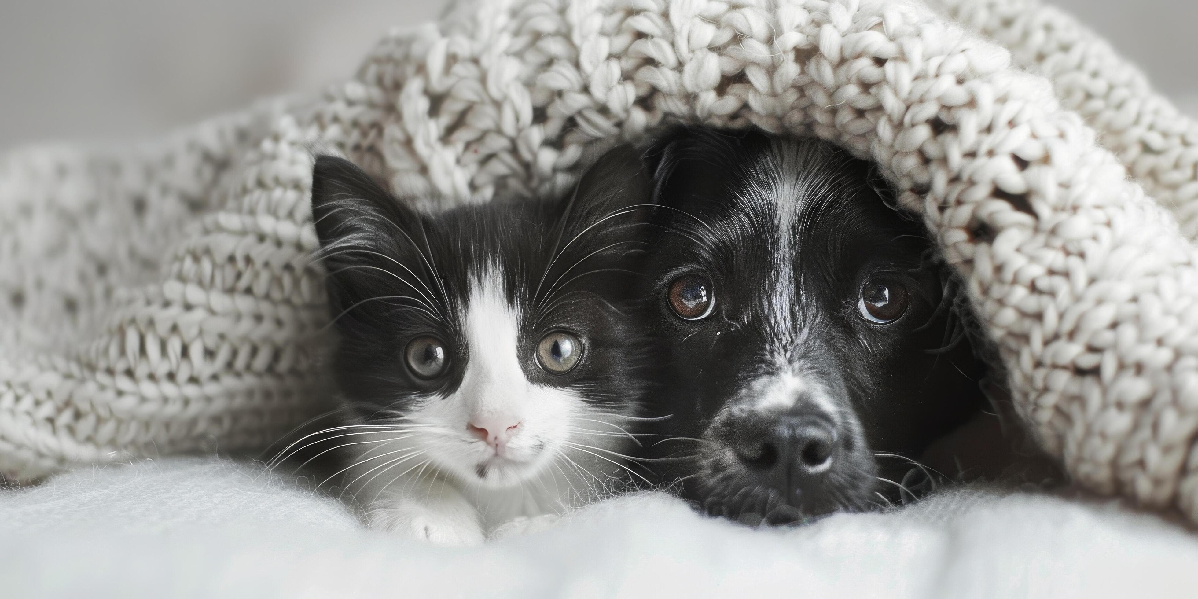 Cozy Black Dog and Gray Cat Snuggling Under a Soft Blanket at Home Stock Free