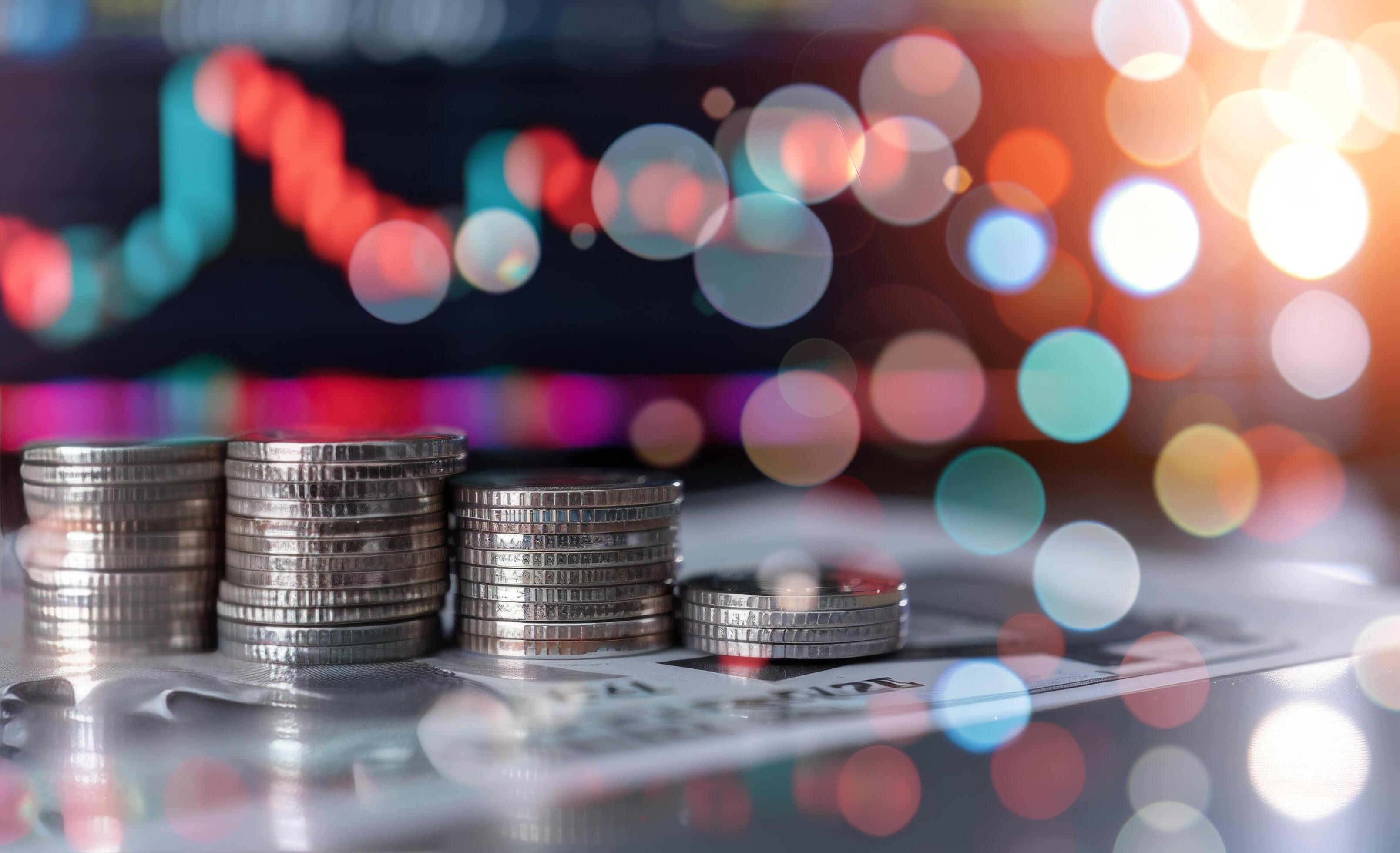 Stacks of Coins on a Colorful Financial Chart Background in a Bright Workspace Stock Free