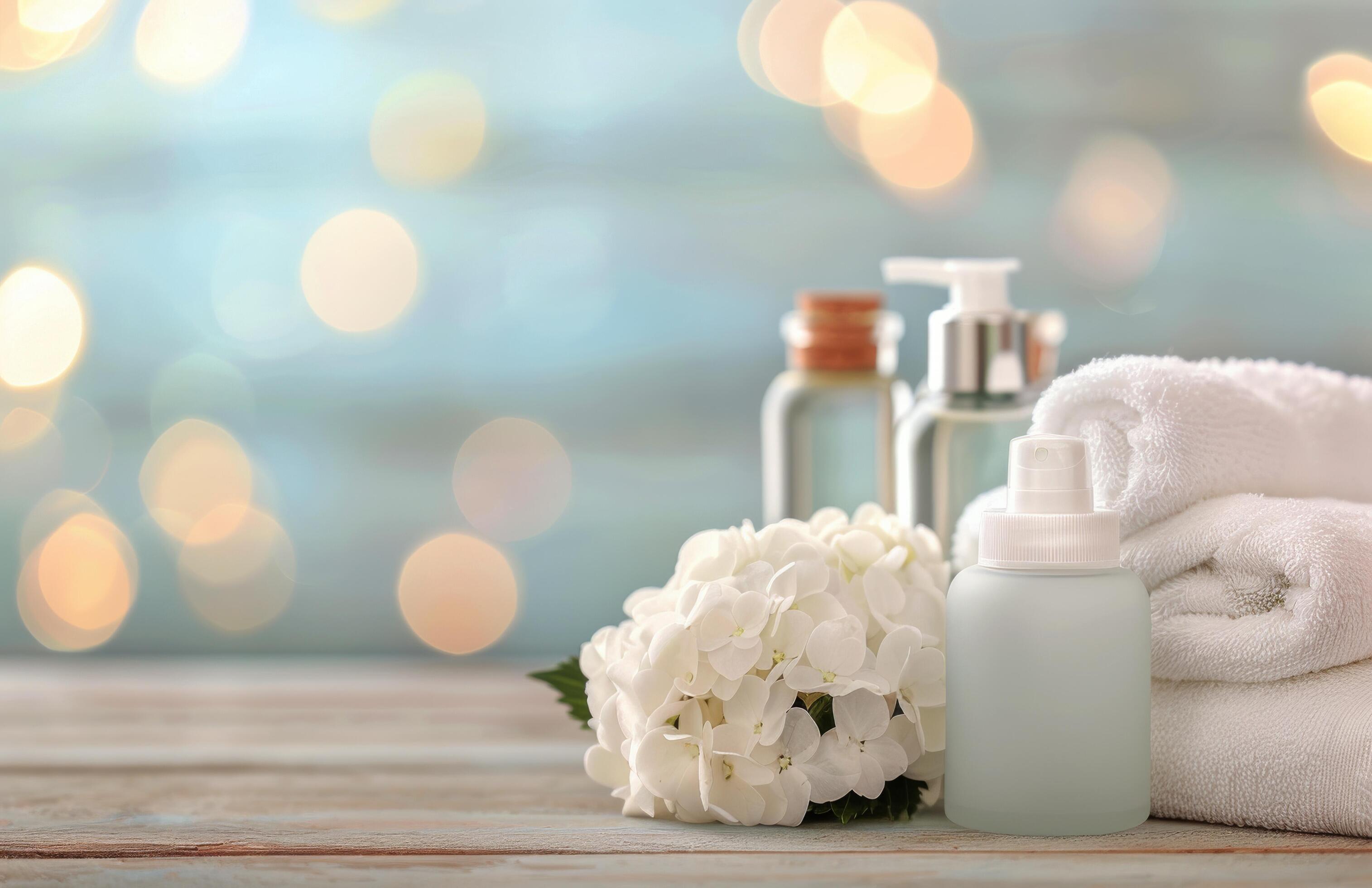 Spa Products on Wooden Table With Bokeh Background Stock Free