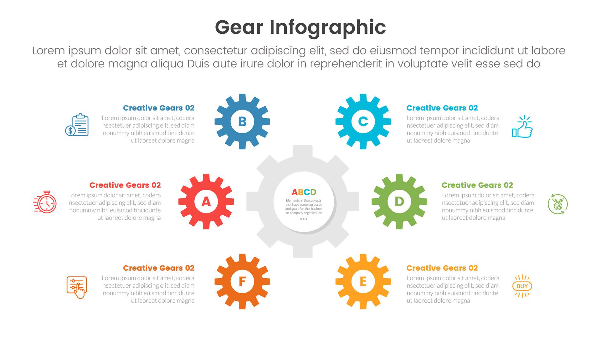 gear cogwheel infographic template banner with circular cycle on center with 6 point list information for slide presentation Free Vector