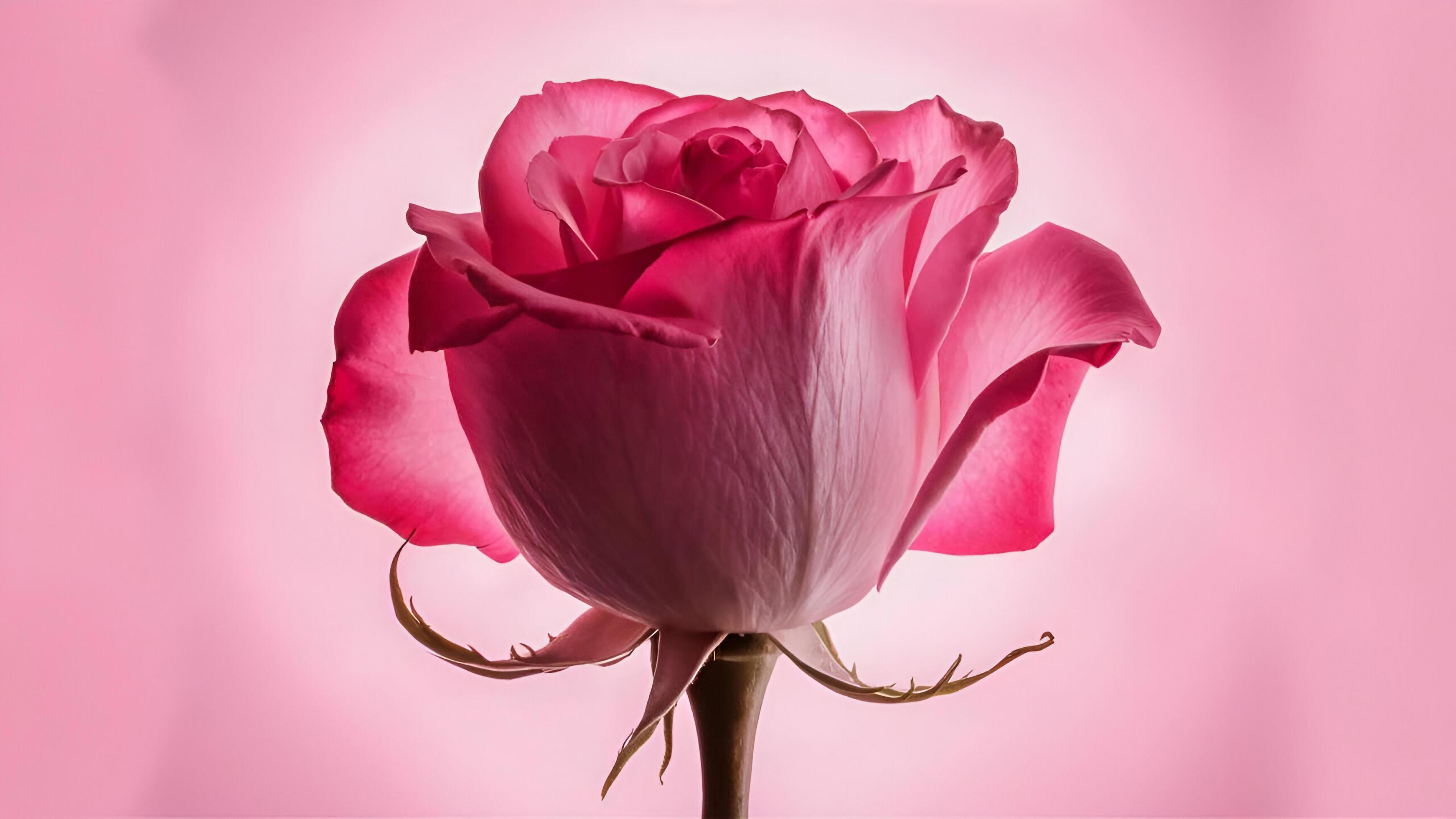 a single pink rose is shown against a pink background Stock Free