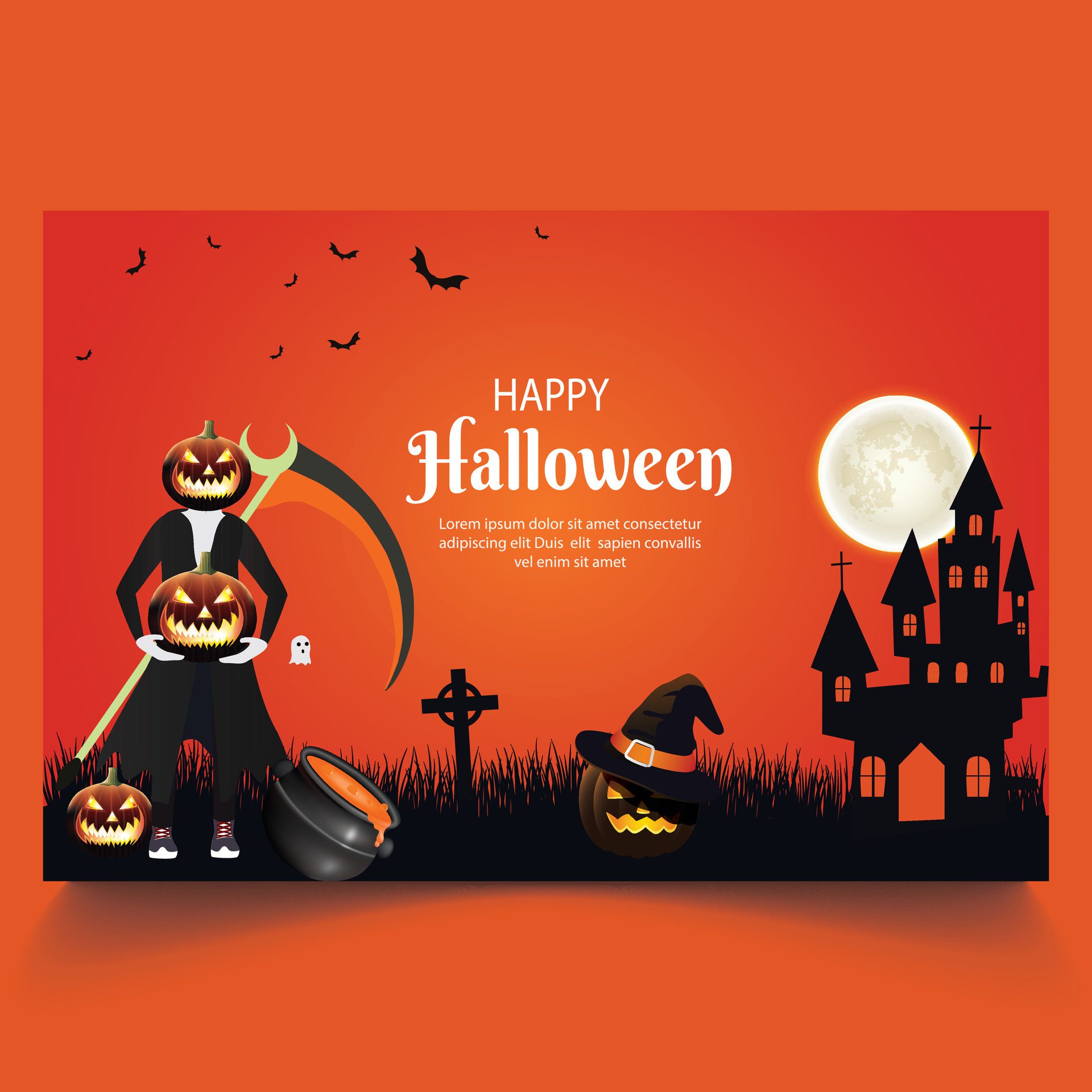 Halloween banner with pumpkins and a graveyard. Flyer or invitation template for Halloween party. Vector illustration. Free Vector