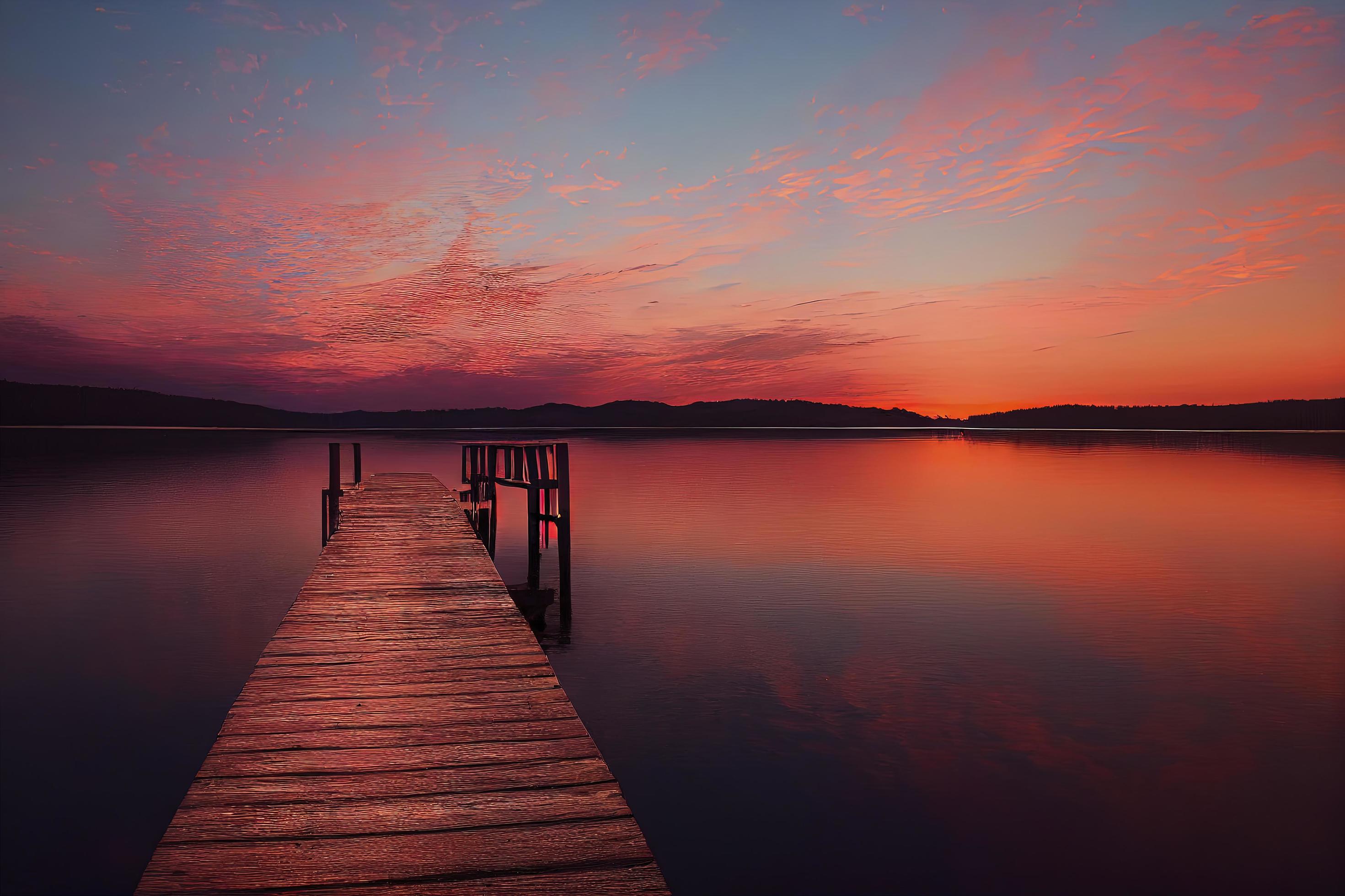 colorfull wooden pier on a lake that is totally calm during sunset Stock Free