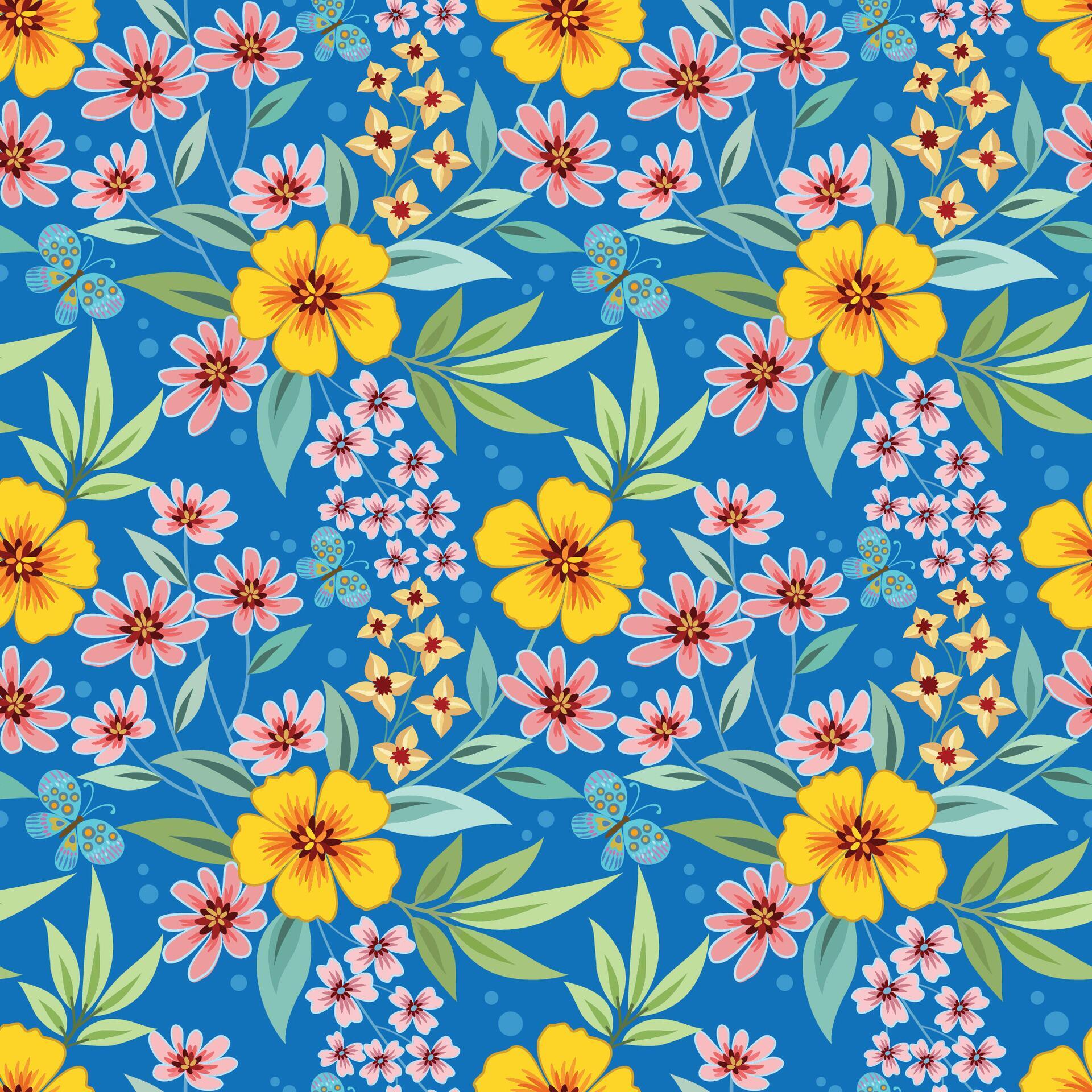 Beautiful blooming flowers design on blue color background seamless pattern. Stock Free