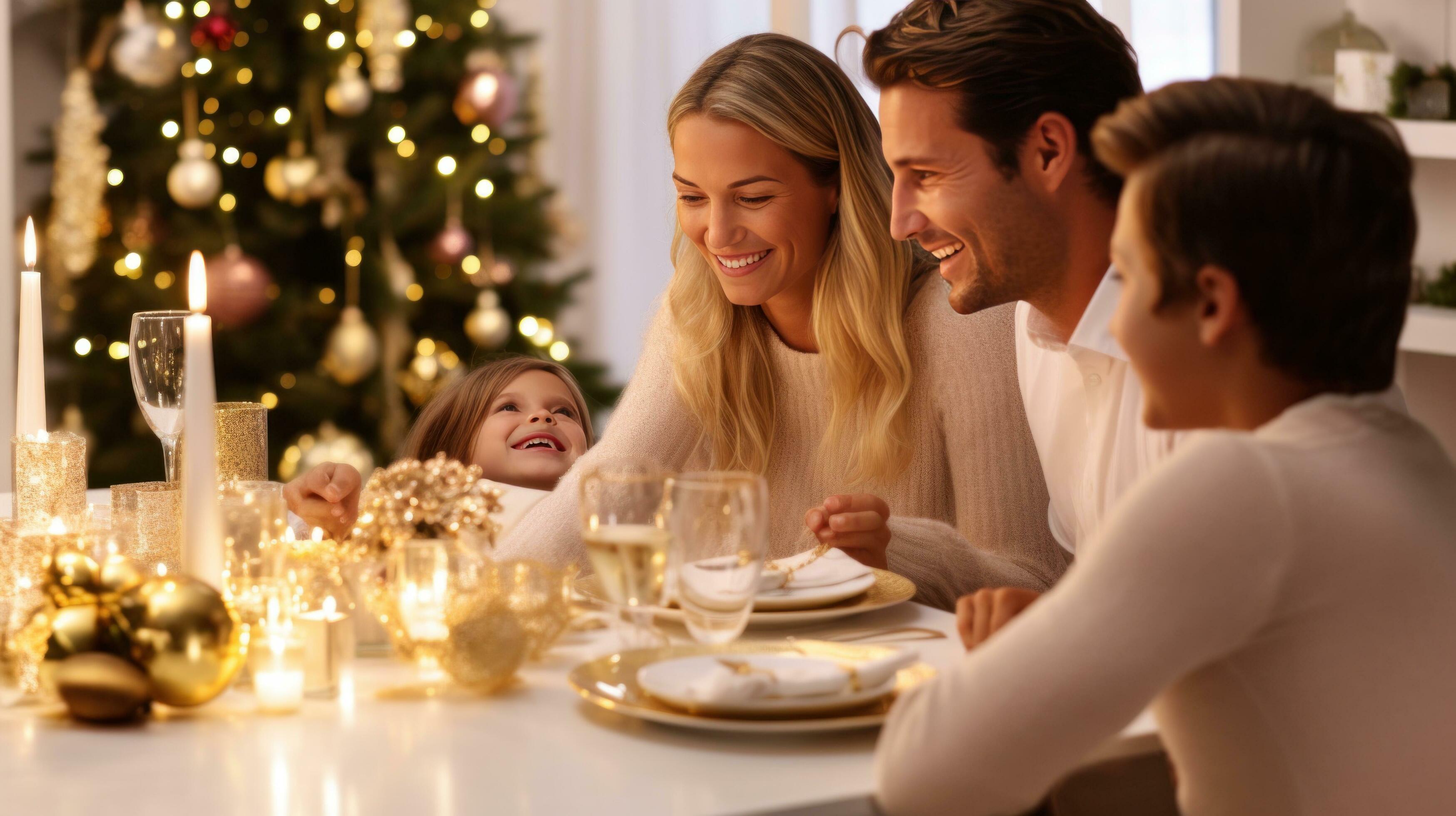 AI generated happy family at christmas dinner, white and gold Stock Free