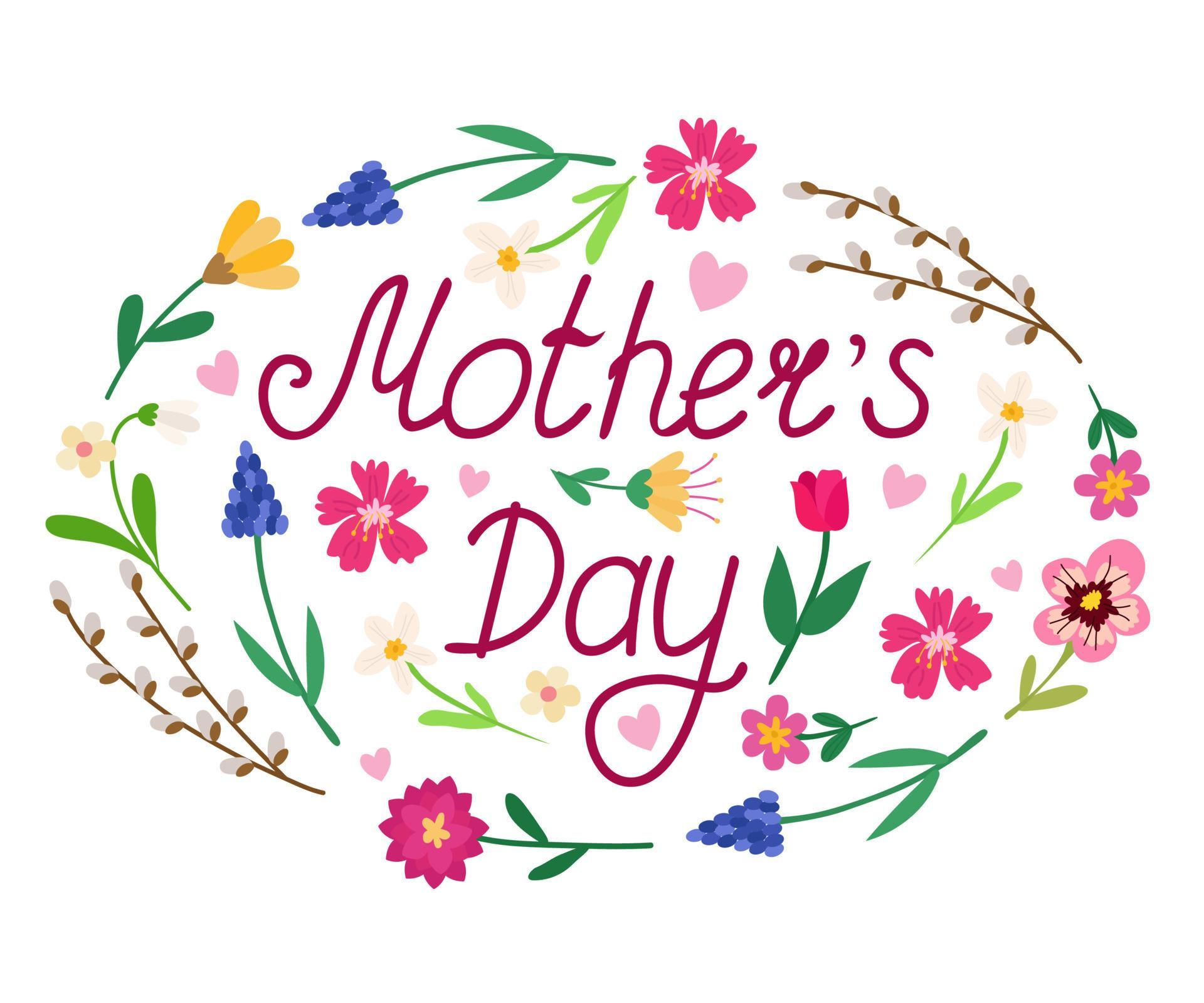 Inscription Mother’s Day. Vector lettering decorated with leaves, flowers, muscari, peonies, willow, hearts. Festive clipart for T-shirts, posters, postcards Stock Free