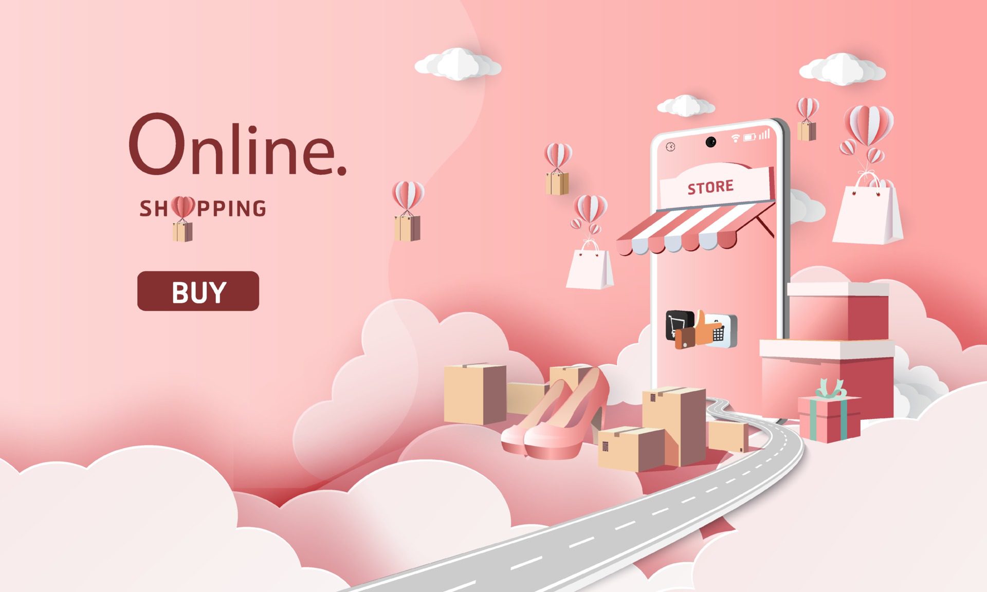 paper art shopping online on smartphone and new buy sale promotion pink backgroud for banner market ecommerce. Free Vector