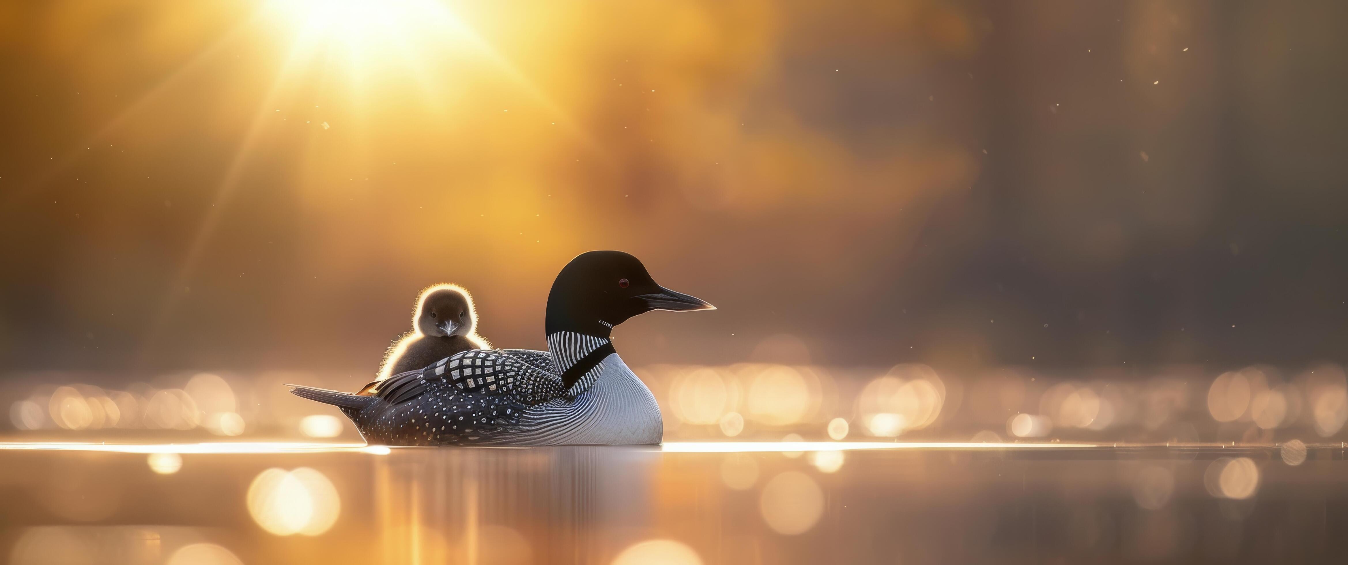 Loon and Chick at Sunrise Stock Free