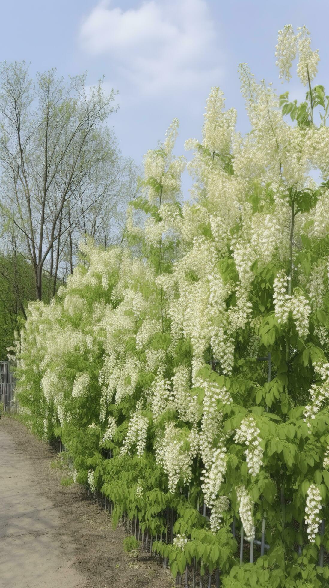 The green Sophora japonica trees are full of white Sophora japonica flowers, generate ai Stock Free