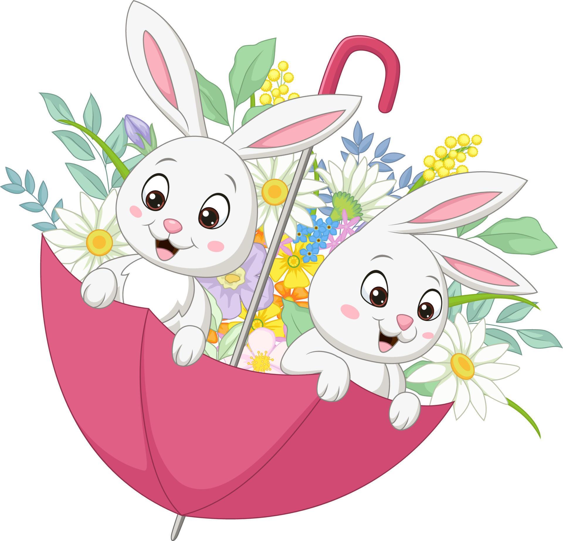 Cute two bunnies in the spring umbrella with flowers Stock Free