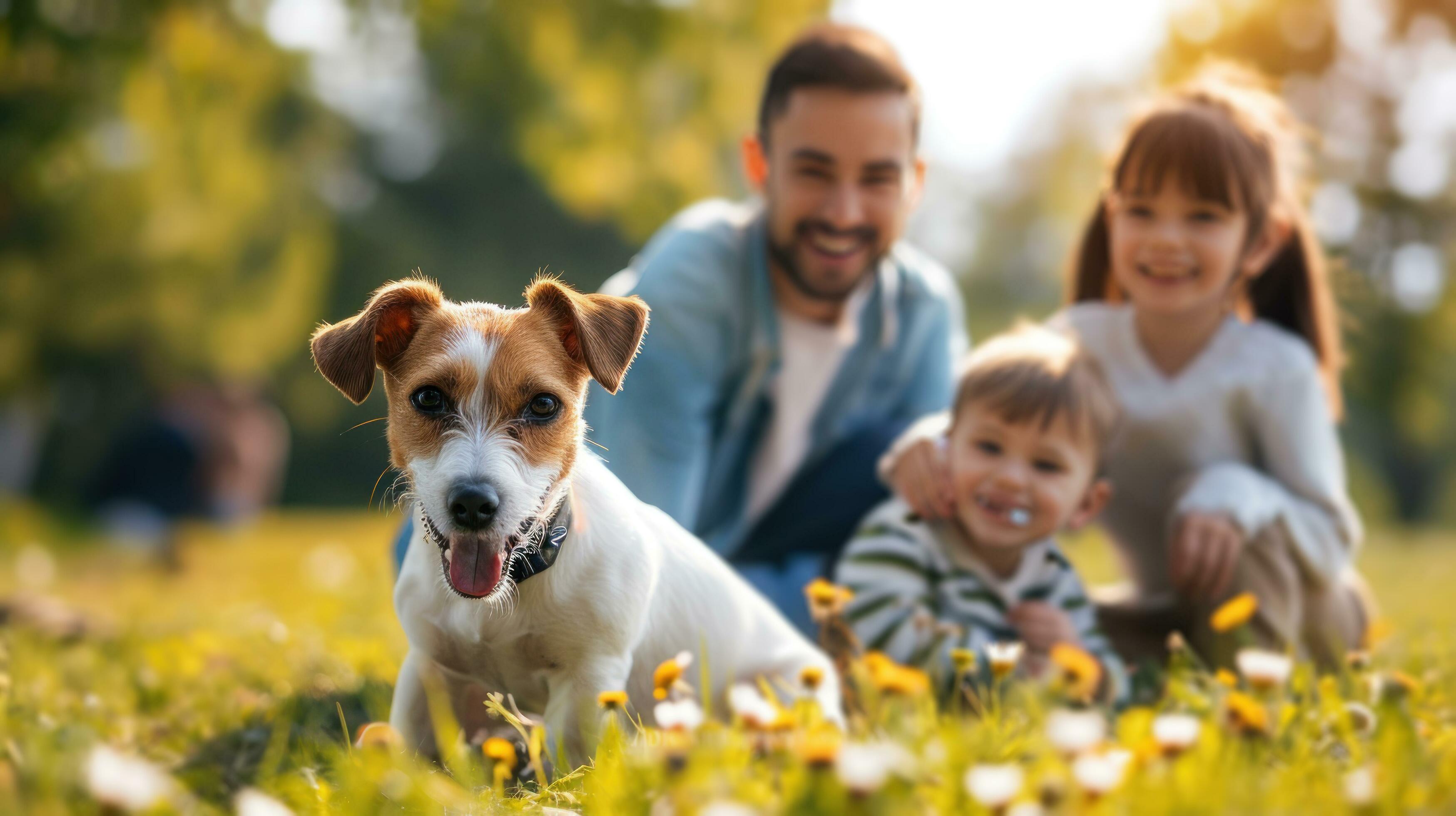 AI generated beautiful advertisment photo of happy beautiful family playing with dog in garden with copy space Stock Free