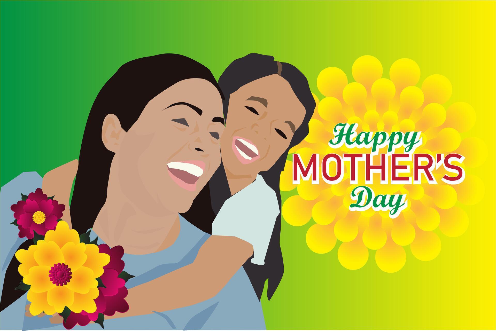 happy mother’s day mom and daughter young girl hugging pickaback with flowers purple red maroon yellow green background Stock Free