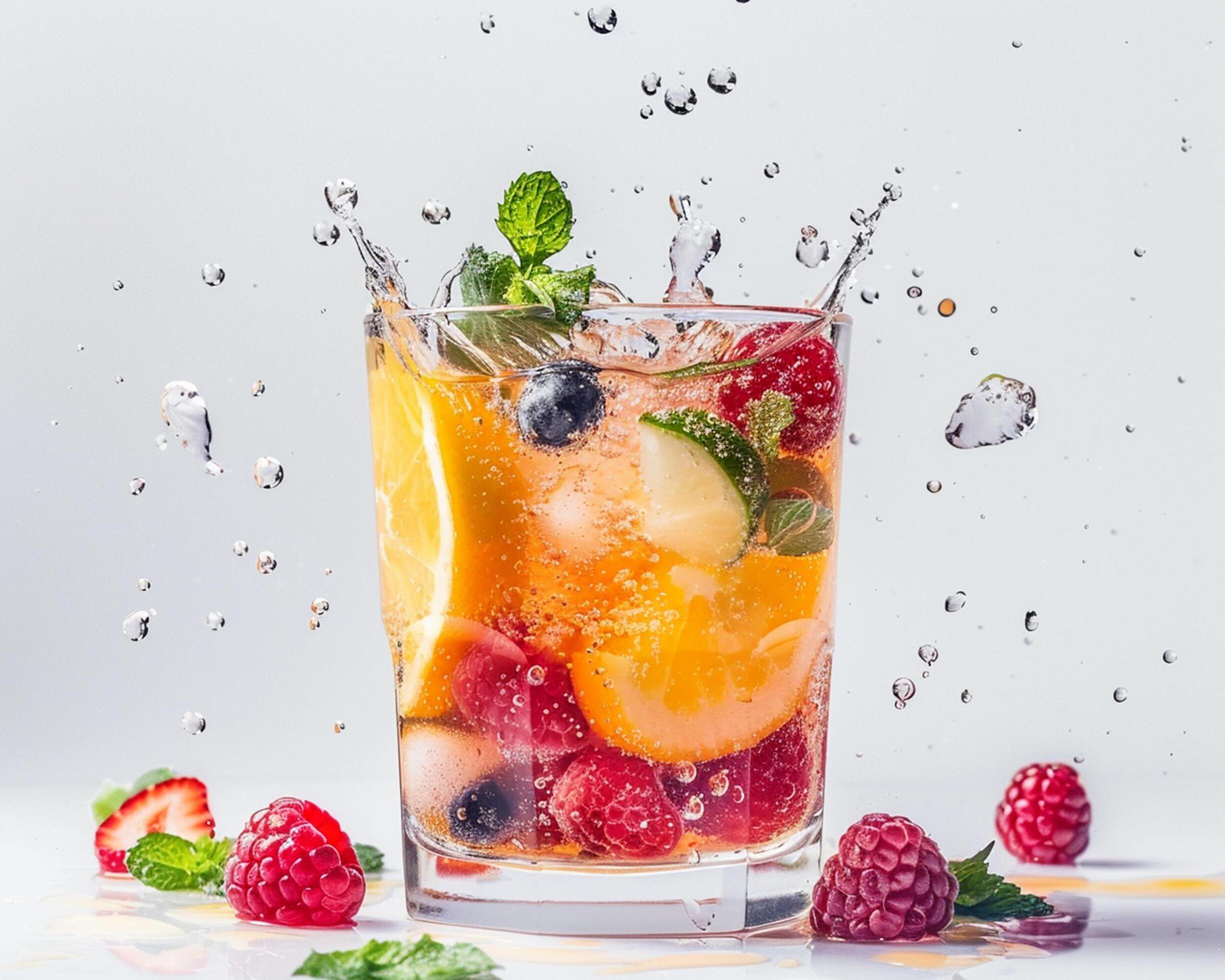 a glass of fruit juice with water splashing on it Stock Free