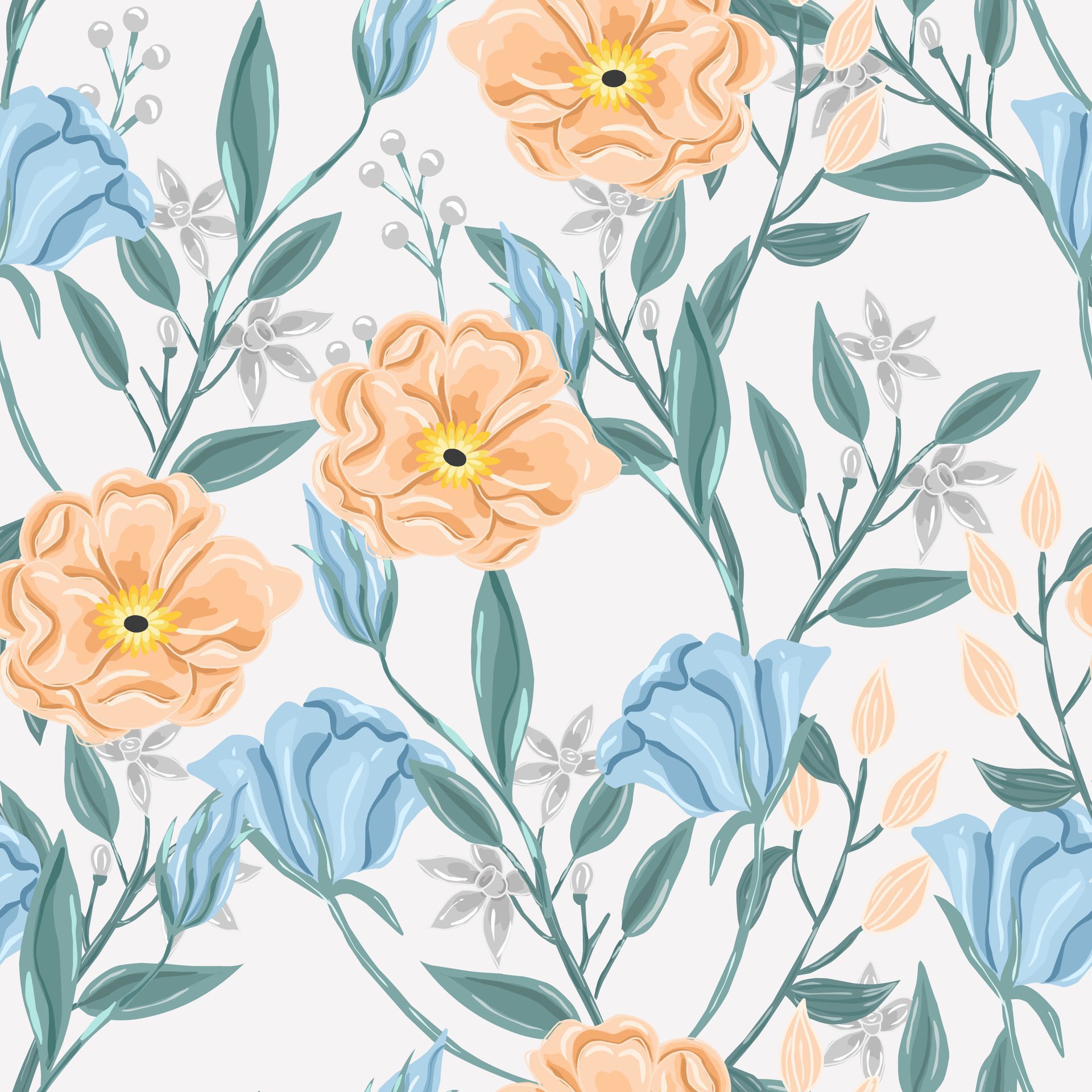 Hand Drawn Anemone and Jasmine Flower Seamless Pattern Free Vector