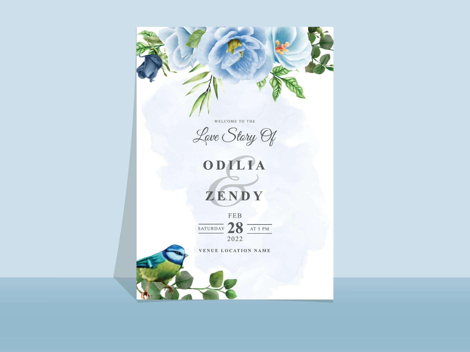 Wedding invitation card template blue flowers theme Stock Free