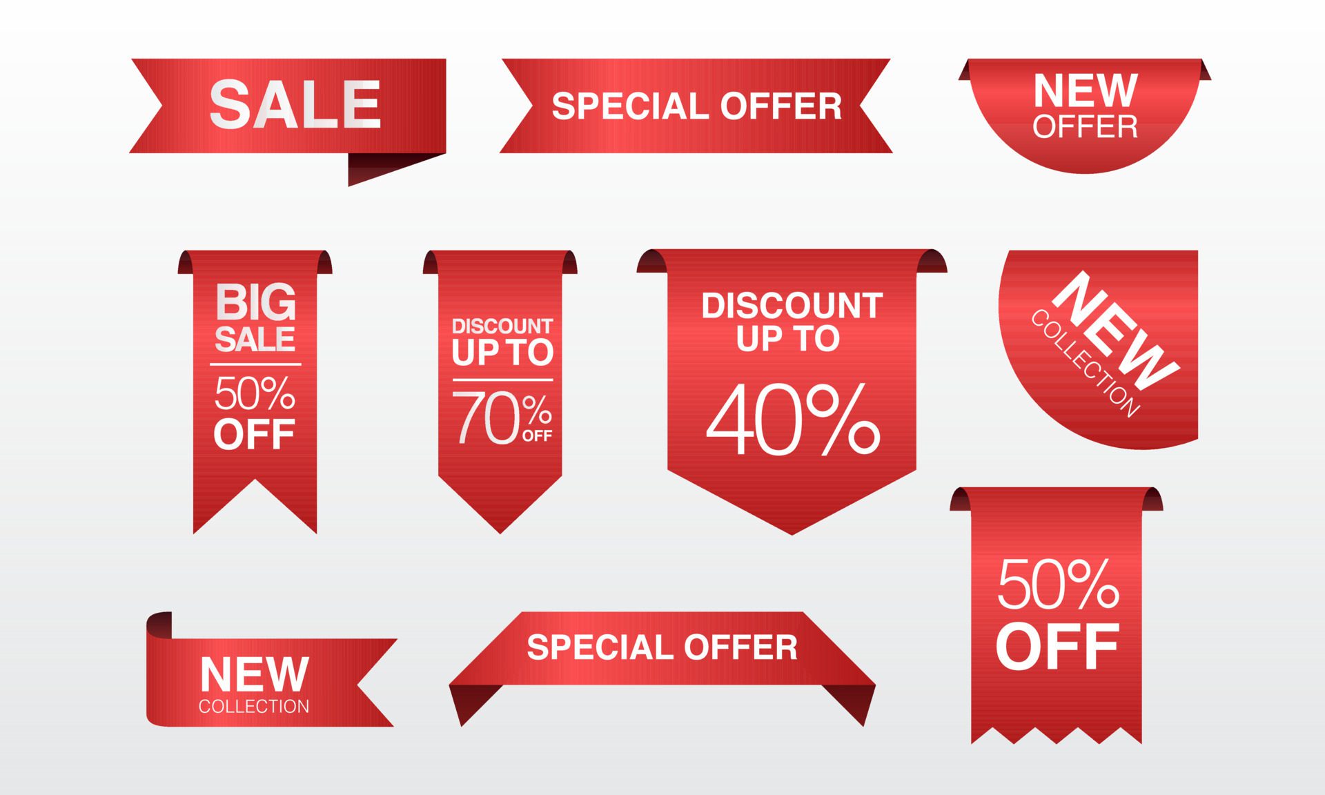 Vector illustration of red ribbon promotion label collection. Suitable for e commerce discount badge, new offer banner, and discount sticker element. Free Vector