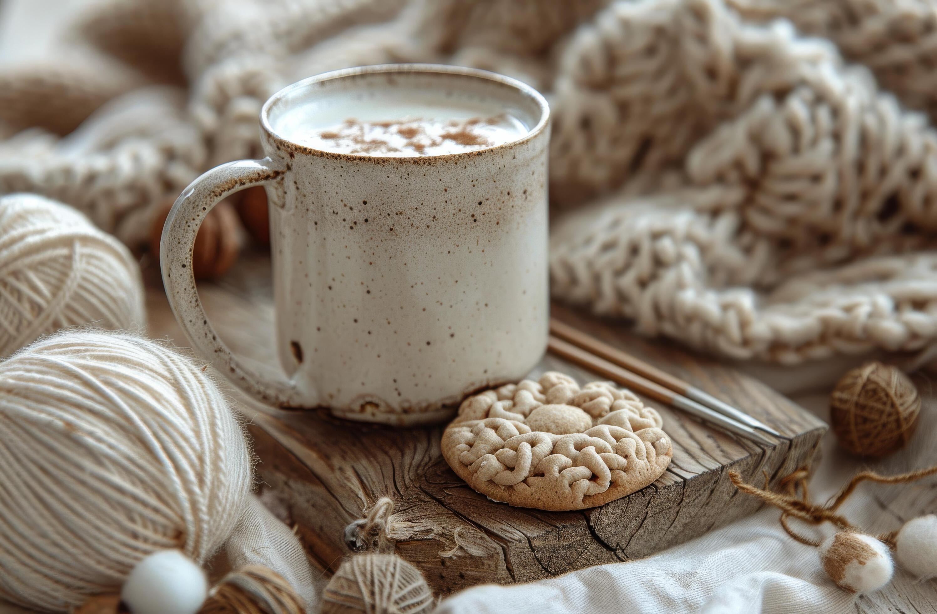 Cozy Winter Morning With Coffee, Yarn, and Nuts Stock Free