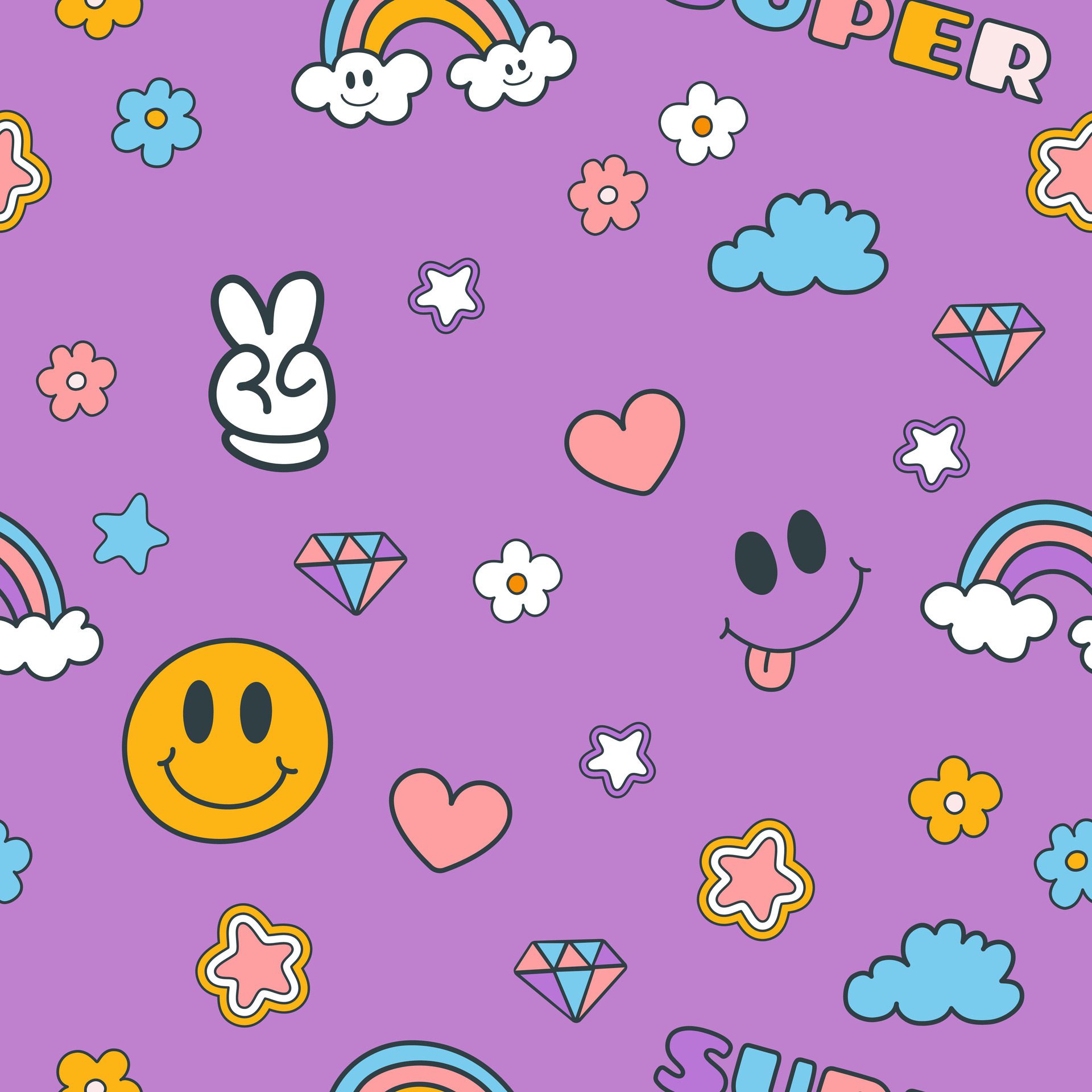 Seamless colorful pattern in y2k style, violet background with groovy elements. Illustration for textile, paper, fabric, background, print design Free Vector