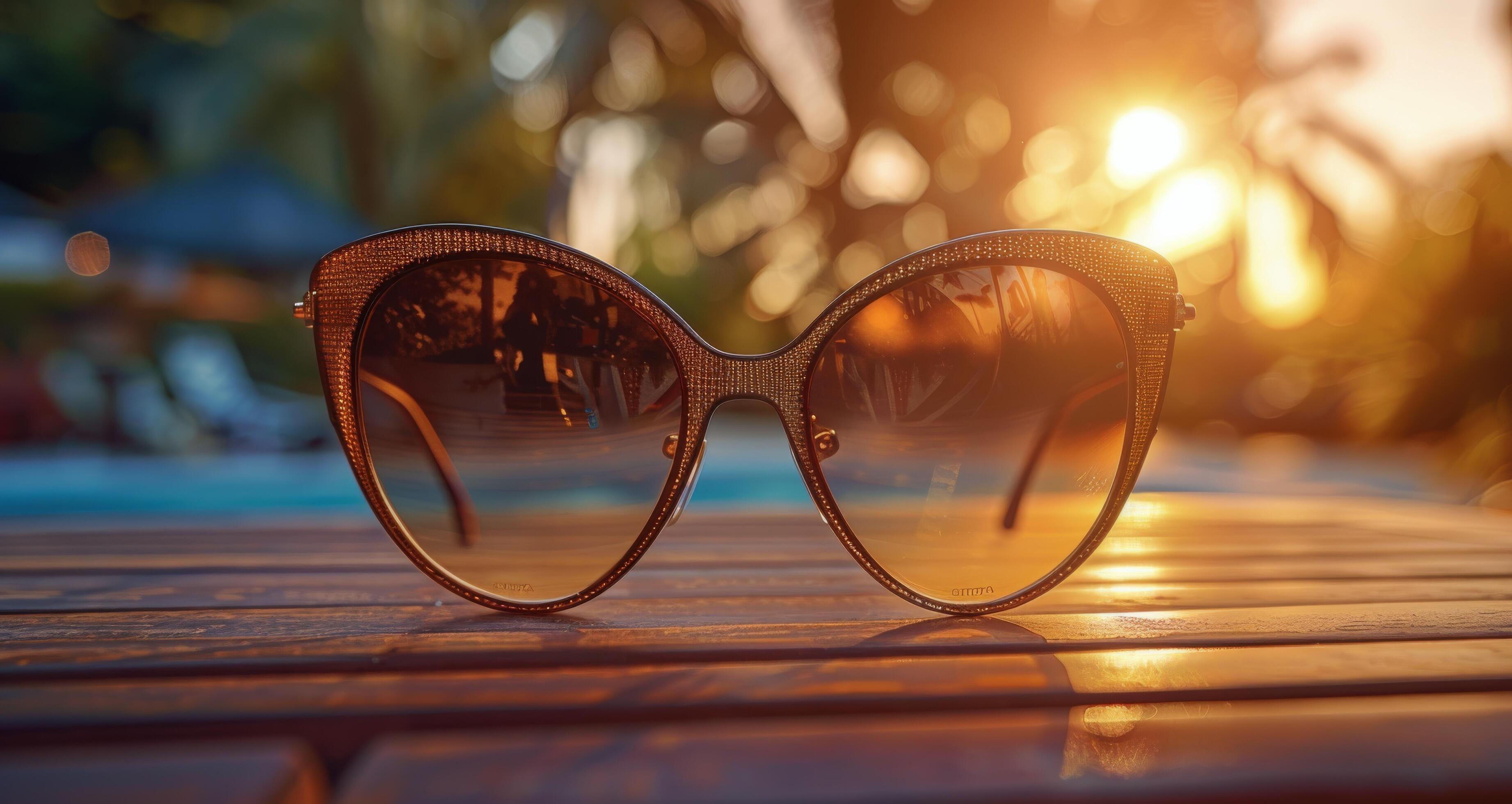 Brown Cat-Eye Sunglasses Resting on a Wooden Surface With a Blurry Sunlit Background Stock Free