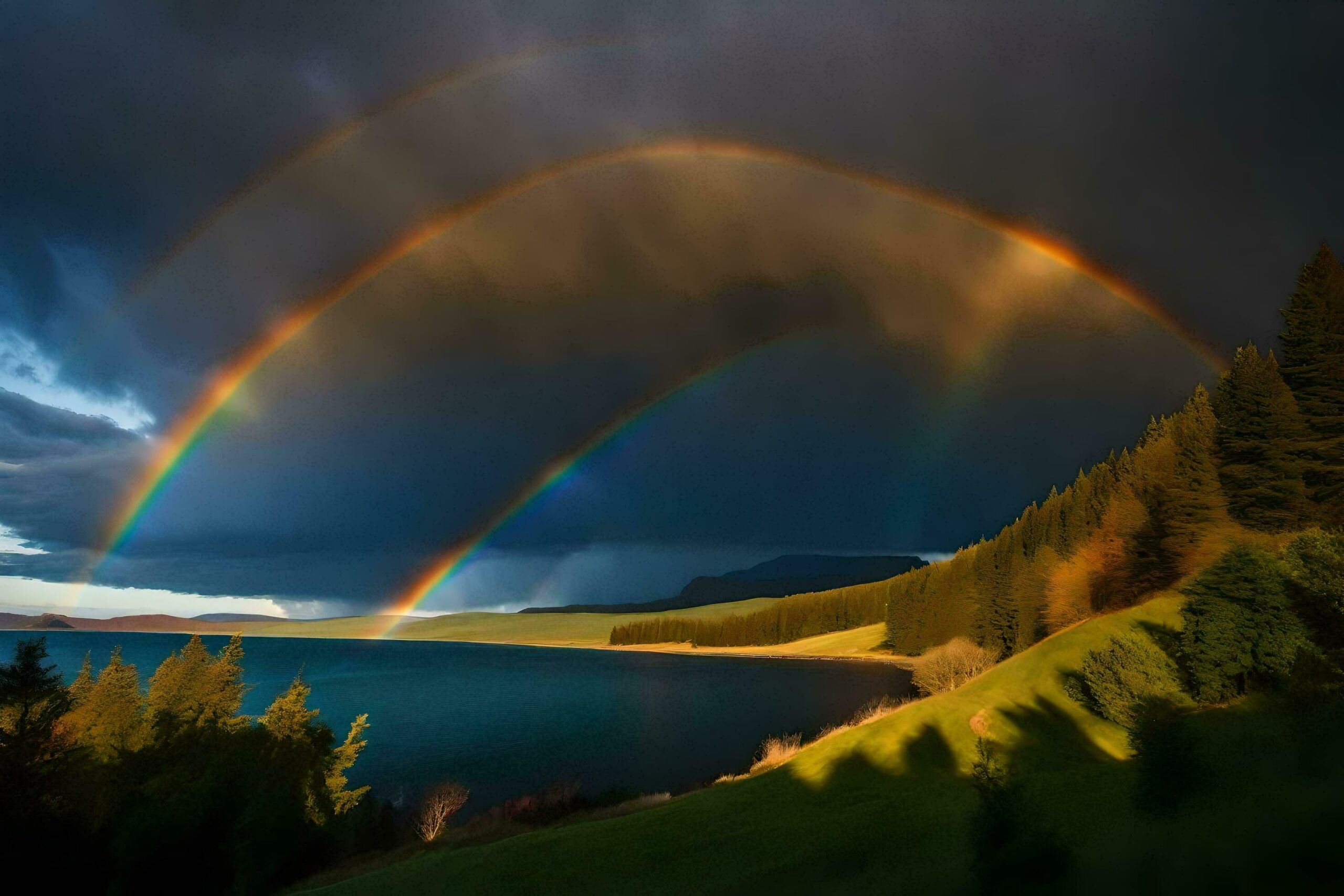 a rainbow appears over a lake and forest Free Photo