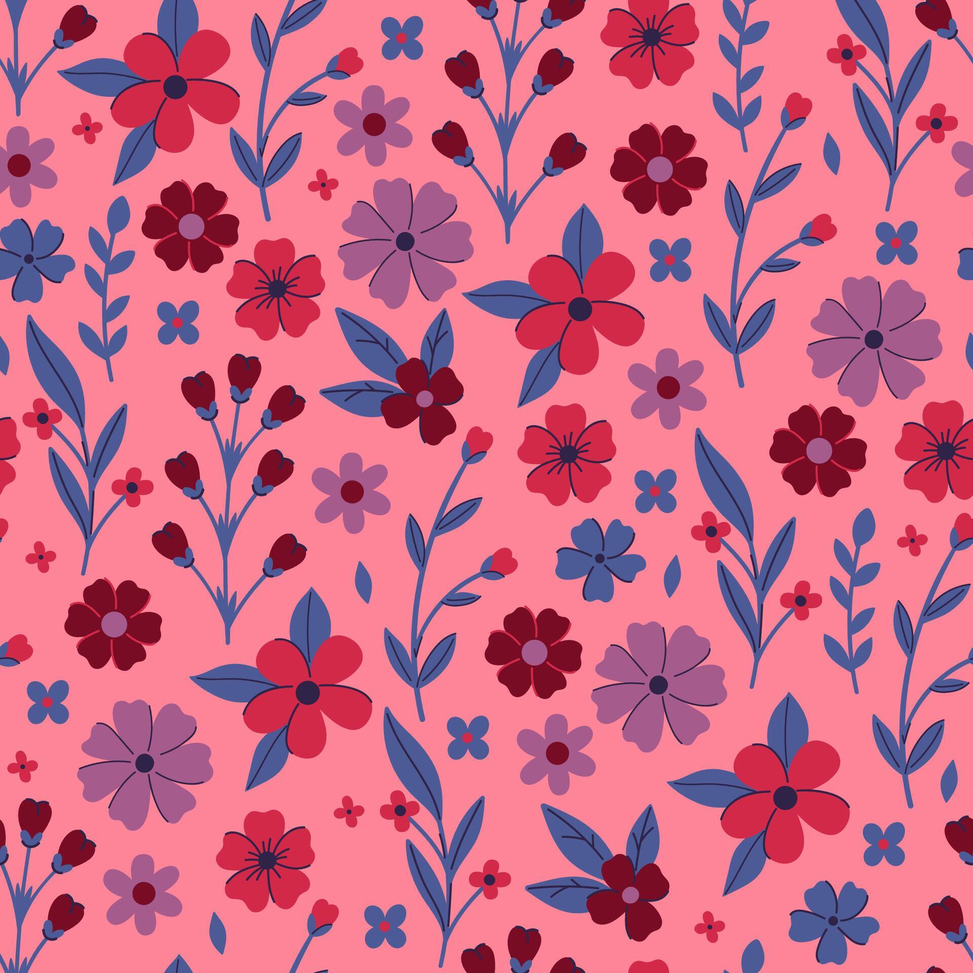 Seamless pattern with spring flowers on a pink background. Vector graphics. Stock Free