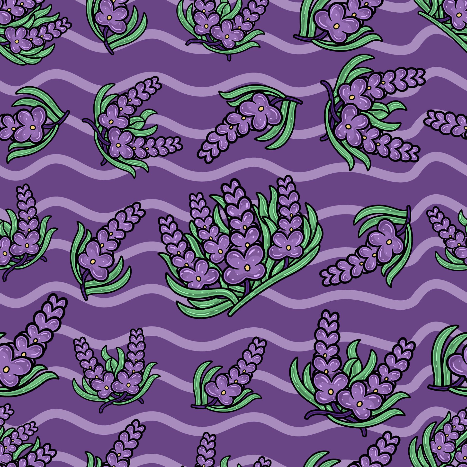 Lavender Flower Seamless Pattern in Cartoon Style. Perfect For Background, Backdrop, Wallpaper and Cover Packaging. Free Vector