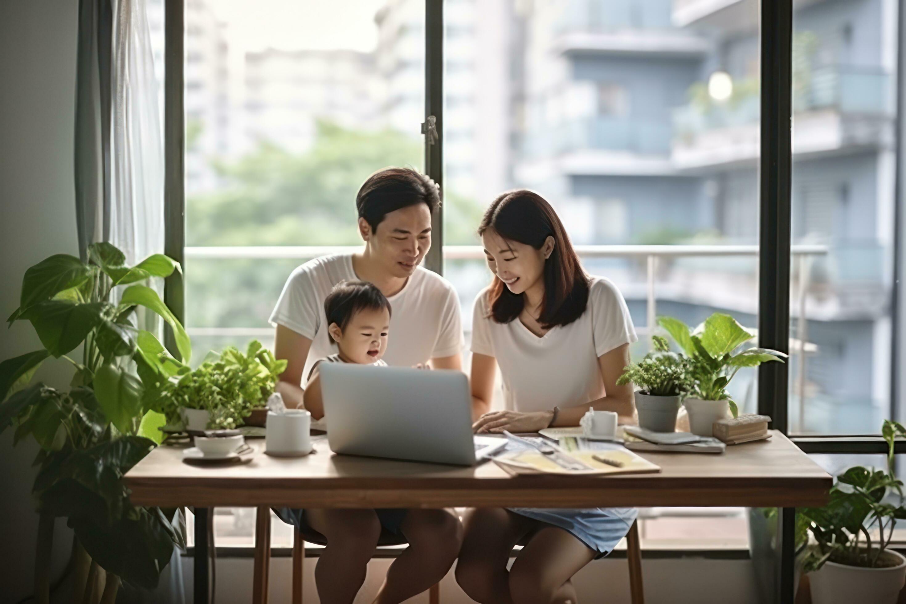 Young family using laptop Stock Free